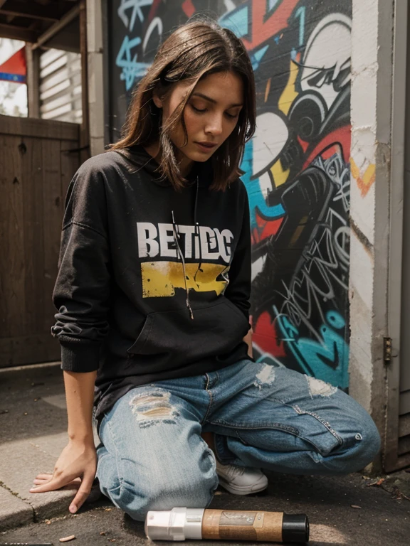 Spray paints placed next to the woman, photo hyper réaliste, traces of paint on the clothes, many graffitis on the walls,