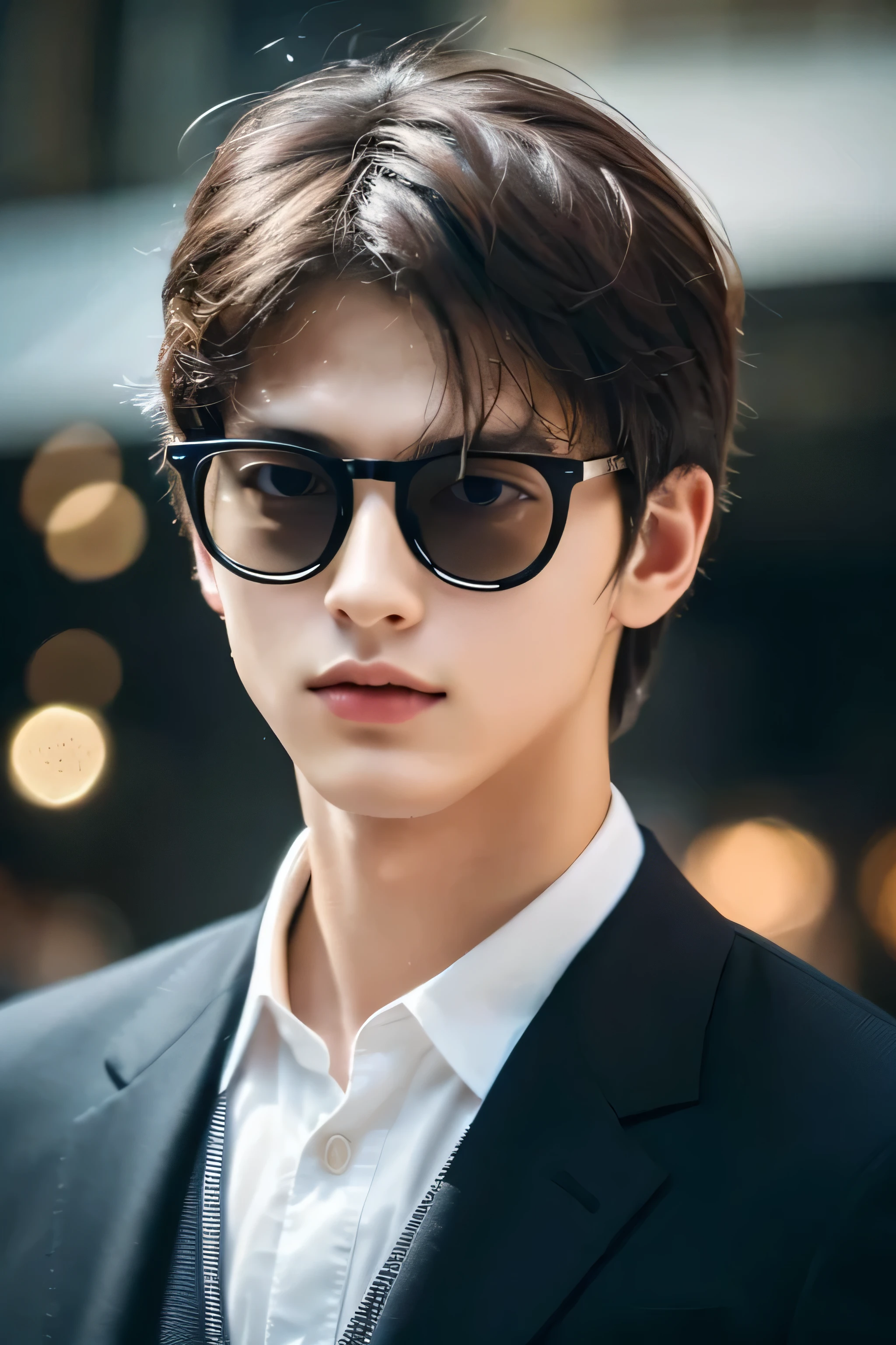 Wearing transparent glasses、Tokyo Marunouchi、Sidewalk under the trees、body whole、Height 178cm、long legs、Walking briskly and hurriedly、wearing frameless glasses、Talking on an iPhone、Holding a black bag handle、He wears a white shirt and a dark blue suit、navy blue tie、No tie pin、A beautiful young man, 23 years old、Kazuma、masterpiece photo、ultra high resolution、 Really detailed RAW photos. Attractive big eyes,The lips are thin and tight、The tip of the nose is straight、nostrils are small、 dark brown hair, Fair skin,Body type is slim