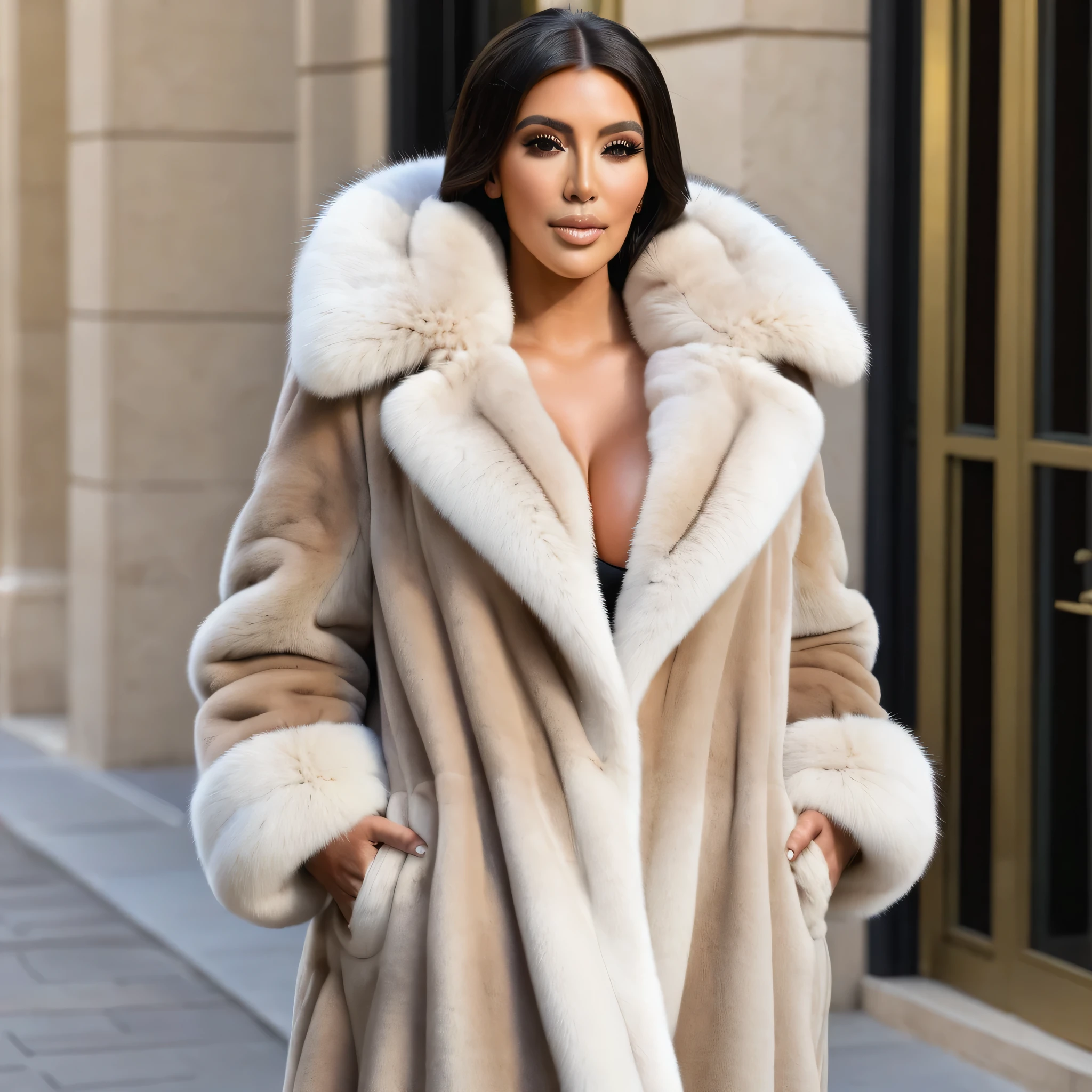 A very wide and very thick, very long sand mink fur coat, fifty centimeters thick, duveteux, naturel, with an ultra thick white and sand mink fur collar, three layers, sur Kim Kardashian, fully nude front view, bare shoulders, and two large breast discovered by the fur, at sunny palace hotel de Paris à Monaco , en haute résolution de la plus high quality、,Photo 8K HDR), Realistic texture, realistic shadows,