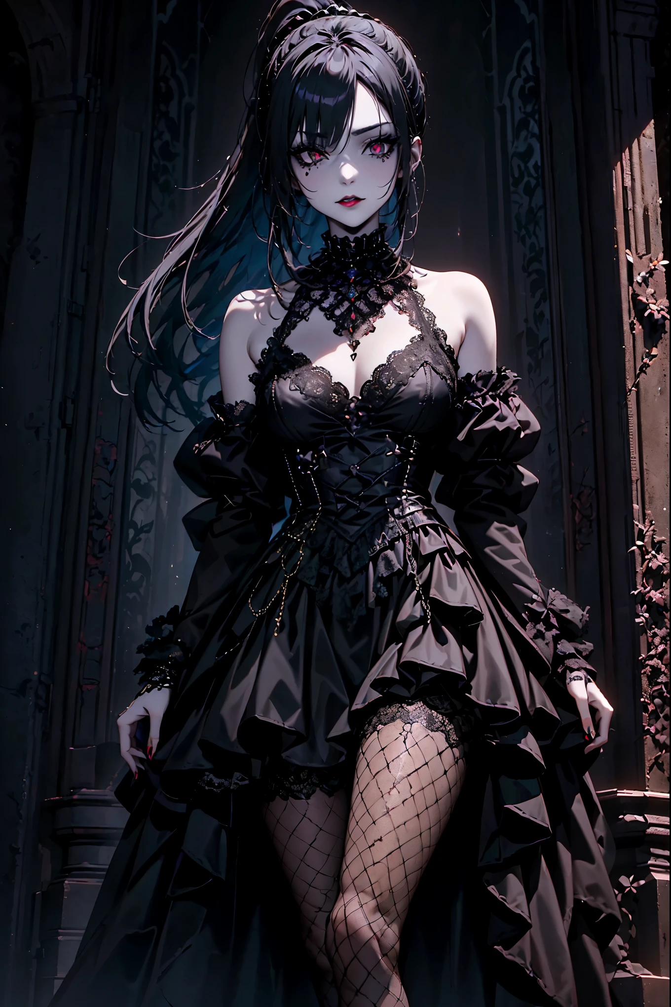 A true portrayal of a Goth girl, Wearing studded clothing. She wore striking black eye makeup, Emphasize the depth and intensity of her gaze. Her outfits, A fusion of elegance and avant-garde, Made of lace and leather, Metal rivet embellishment，Add a touch of rebellion. her hair, Maybe contrast or dyed dark, Outline a face full of mystery and charm. background, dim, Complementing the Gothic Aesthetic, Making her a modern embodiment of Gothic beauty,