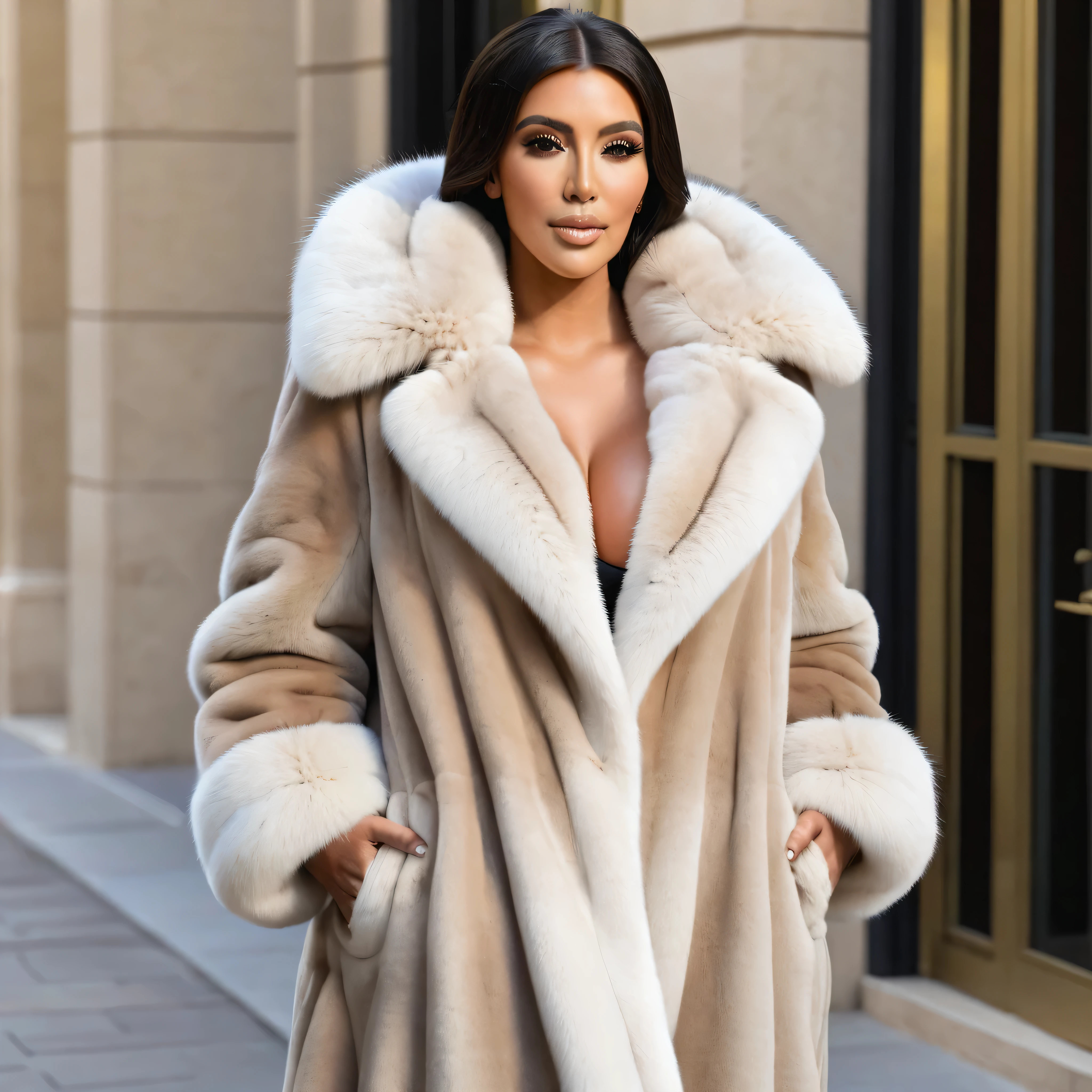 A very wide and very thick, very long sand mink fur coat, fifty centimeters thick, duveteux, naturel, with an ultra thick white and sand mink fur collar, three layers, sur Kim Kardashian, fully nude front view, bare shoulders, and two large breast discovered by the fur, at sunny palace hotel de Paris à Monaco , en haute résolution de la plus high quality、,Photo 8K HDR), Realistic texture, realistic shadows,