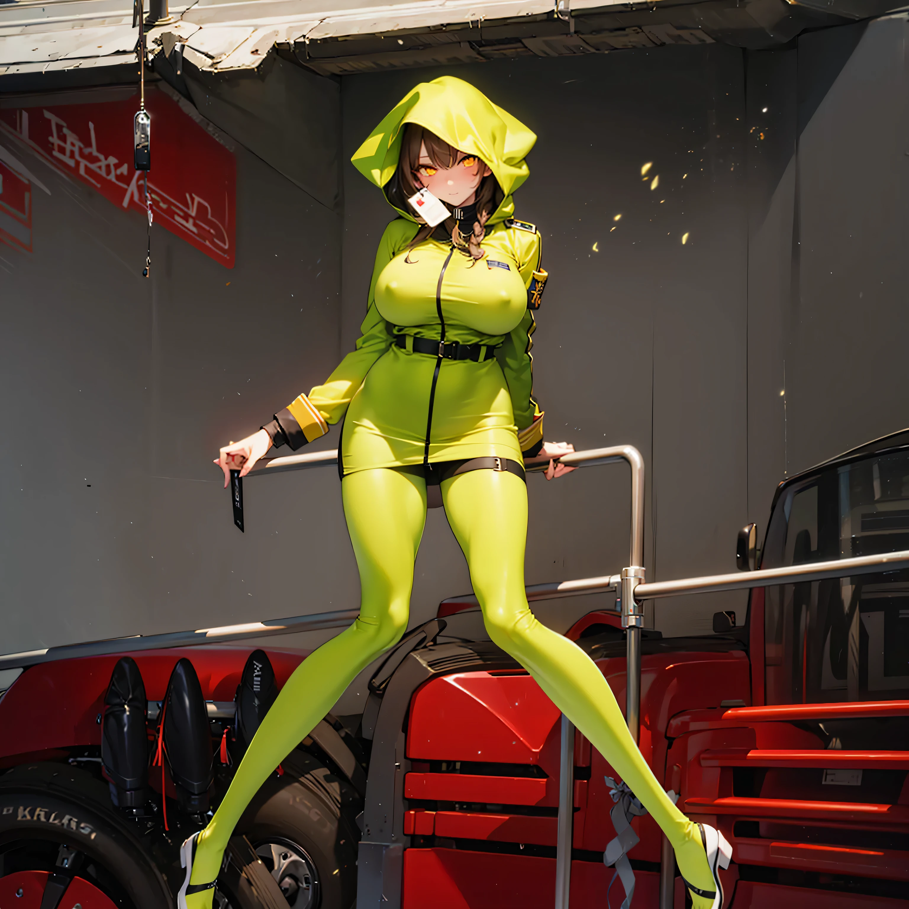 (solo cute girl standing in trench:1.3), (light brown hair:1.2) , (very long legs), (skinny long legs), (very short torso), BREAK, (open legs:1.2), tiptoe, pigeon toed, BREAK, (large breasts:1.2), perky breasts, thin waist, BREAK, (dark brown military uniform:1.4), (hood covers face), trousers, BREAK, nose blush, looking at viewer, BREAK, (glowing golden eyes:1.5), BREAK, (wire entanglement fence in background), BREAK, (masterpiece, best quality, ultra-detailed:1.5)