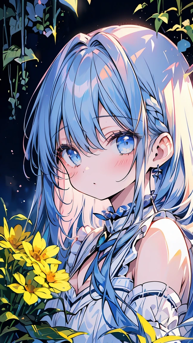 masterpiece, best quality, extremely detailed, (illustration, official art: 1.1), 1 girl, (((light blue long hair))), light blue hair, 10 years old, long hair ((blush)), cute face, big eyes, masterpiece, best quality, (((a very delicate and beautiful girl))))), amazing, beautiful detailed eyes, blunt bangs ((((little delicate girl)))), tareme (true beautiful: 1.2), (highest quality, High resolution, realistic),kneel in a blooming garden,adorable, Lovely, attractive,love, cleavage、peaceful atmosphere,wood々Soft sunlight shining in from between,breeze, Tender flowers,How to create captivating scenes.[figure], nsfw, sigh, 