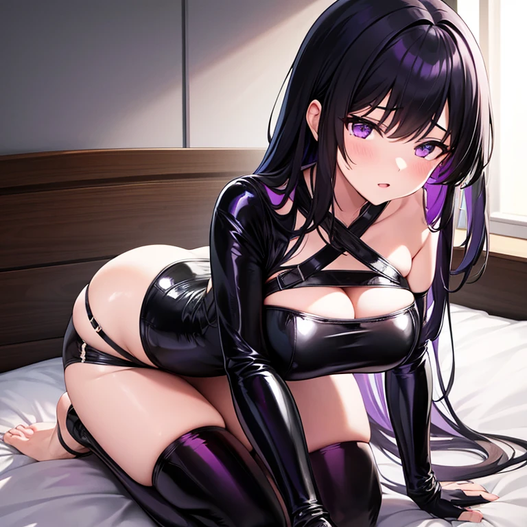 Akeno Himejima, Girl, Black Hair, Purple Eyes, Black Latex Clothes, Tied Up on Bed