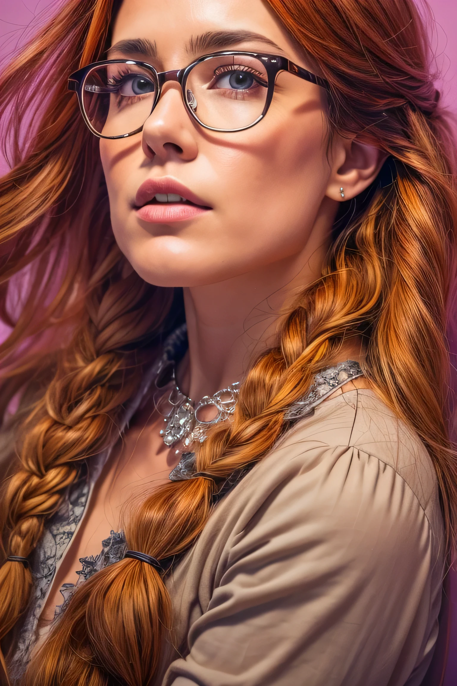 Penny pax redhead long hair braids glasses collar soft curves from above leaning in, close up, portrait