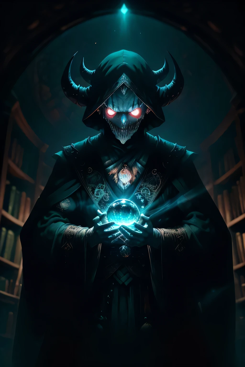In the heart of an enchanted library, a ghoul, with piercing white eyes and jagged horns, immerses himself in the study of the dark arts. Surrounded by an extensive stack of ancient tomes, he leans forward intently, gazing into a crystal ball with an air of deep concentration. Within the orb's confines, a malevolent spirit begins to materialize, its sinister grin causing chills to run down the spine. Gathered around the monster, other spirits watch in anticipation, their ethereal forms adding to the eerie atmosphere.
This scene, a masterpiece of epic cinema, boasts brilliant and stunning visuals. The intricate