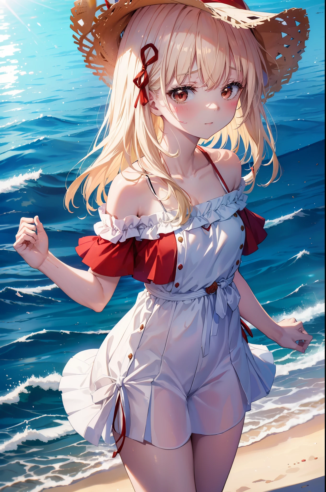 chisatonishikigi, nishikigi chisato,long hair , bangs, blonde hair, (red eyes:1.5), happy smile, smile, open your mouth,big straw hat,off shoulder dress,long skirt,naked neck,bare shoulders,bare clavicle,Grab the skirt with both hands and lift it up,barefoot,beachの砂浜を散歩しながら,風になびくblonde hair, real summer,Light of the sun,
break outdoors,beach ,
break looking at viewer,whole body (cowboy shot:1.5),
break (masterpiece:1.2), highest quality, High resolution, unity 8k wallpaper, (shape:0.8), (fine and beautiful eyes:1.6), highly detailed face, perfect lighting, Very detailed CG, (perfect hands, perfect anatomy),