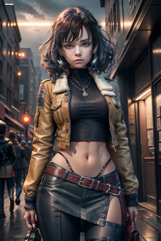 1 girl，Hiccup jacket，Dark storm clouds，Bitter，Rapture，blouse，Super skirt , Black pants，Open jacket，Hair on the back，8K resolution，The content is very detailed，Anatomically correct，Sharp images，Digital board，Concept art，Trends on Pixiv，com.tmasterpiece, Best quality, In Cyberpunk City，Look directly at the photographer