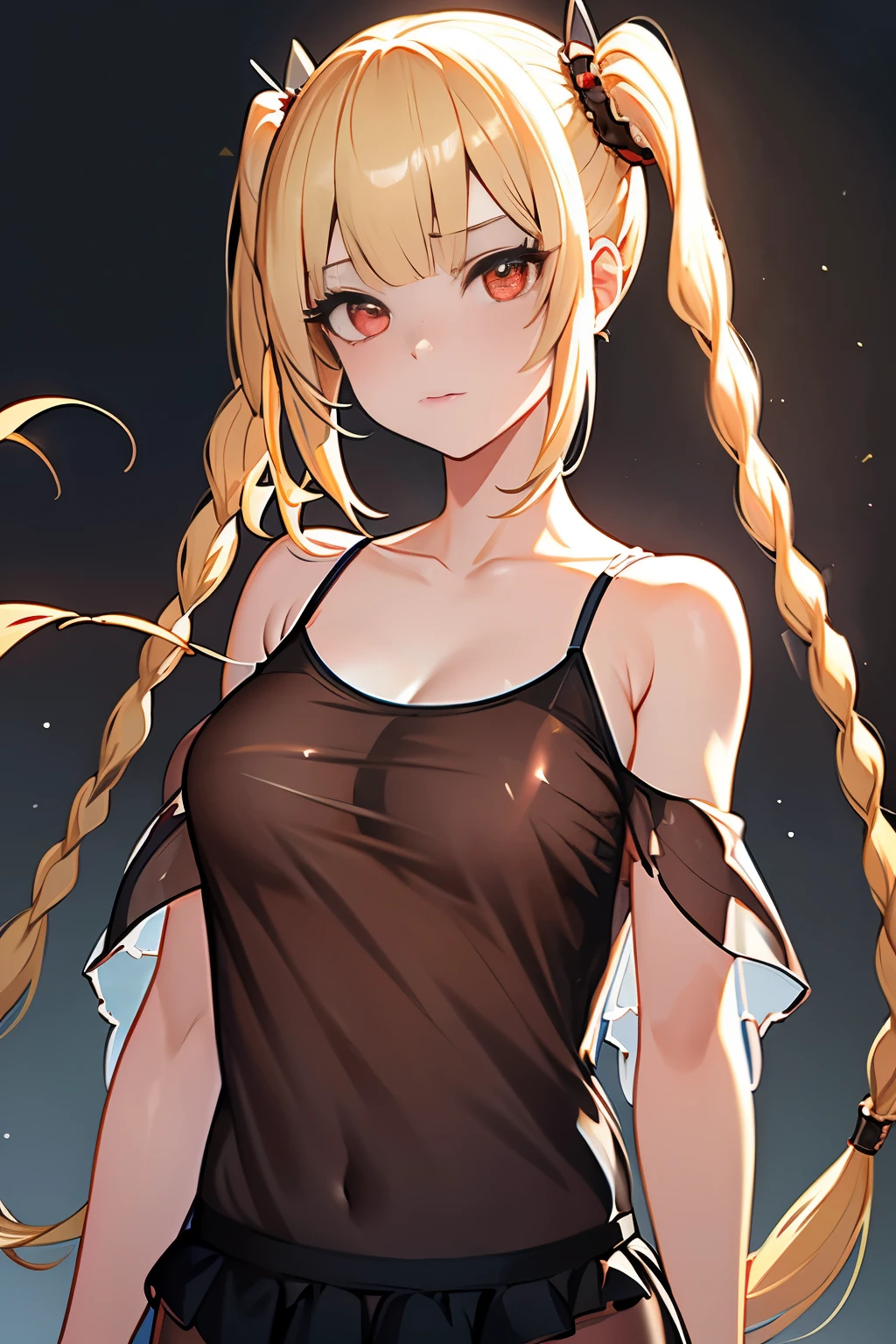 Optimal，masterpiece，High resolution，highest quality，hyper hd，Super detailed，award-winning，16k，alone，（Upper body），correct anatomy，beautiful cyberpunk girl，cowboy shot、cute face，，blonde、long hair、twin tails、Braid, hair line，（（scarlet eyes）），long eyelashes，drooping corners of the eyes，white skin，Photographed from the front, ((see-through camisole:1.5)), ((transparent nipples))、rocket , ((big breasts)),（because I&#39;thin），