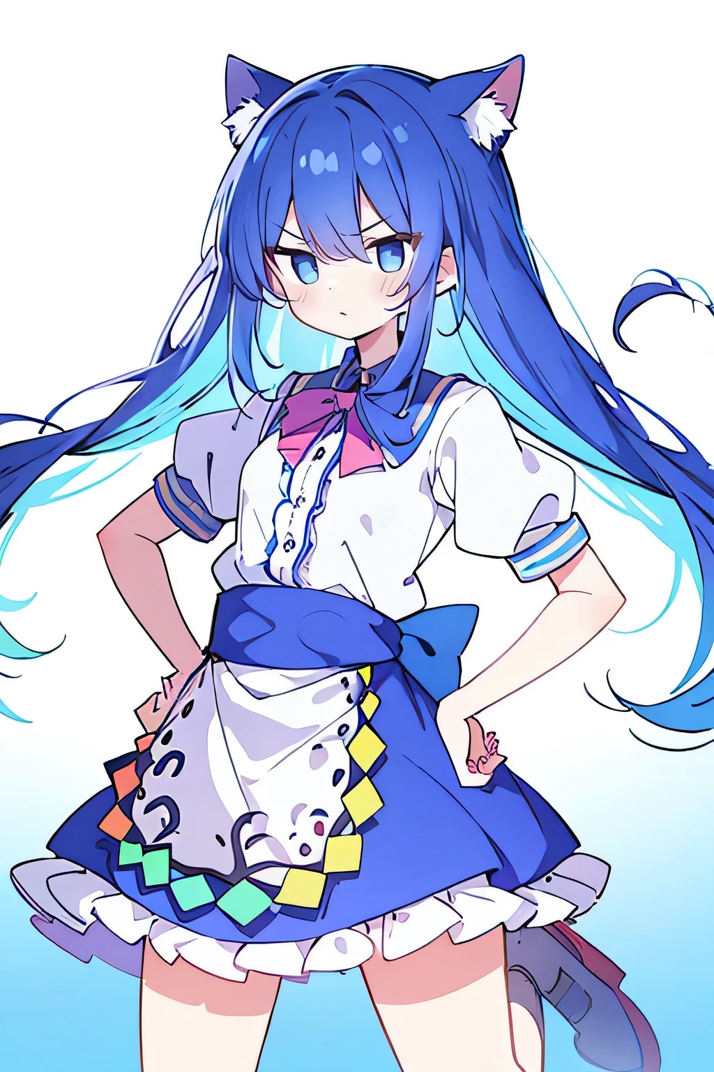 (masterpiece),best quality, expressive eyes, perfect face, 1girl,
Put your hands on your waist,fair, Gorgeous,Japanese cartoons,girl,lola,Hina Angel, blue hair, blue haired, floating clothes,Grab your waist, Grab your waist, hands on hips , hands on hips,sit, sit on ground, Legs on the ground, flat chest,cat ears,