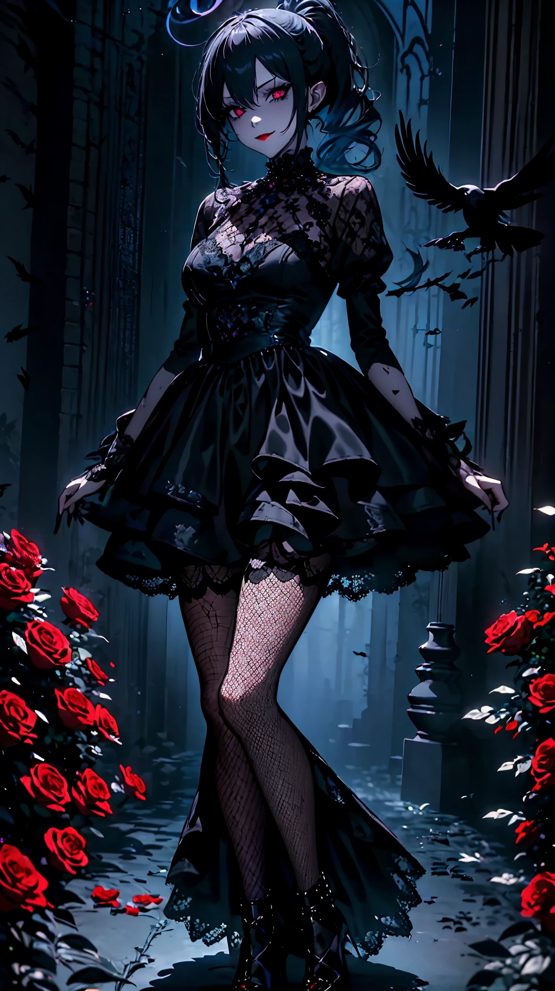 （dark atmosphere，Goethe fashion，bright colors），（best quality，Super exquisite，），Sexy goth elf girl，rose garden at night，beautiful and delicate eyes，Blue tip black straight ponytail，Crow feathers，red lipstick，mysterious smile，Pale complexion，Fishnet socks，black lace dress，Pointed Trophy Halo，The moonlight reflects her elegant silhouette，Soft shadows and soft highlights，Contrasting colors create a vibrant atmosphere，Dark and moody color palette，Subtle yet dramatic lighting effects，Sublime darkness intertwined with exquisite moonlight