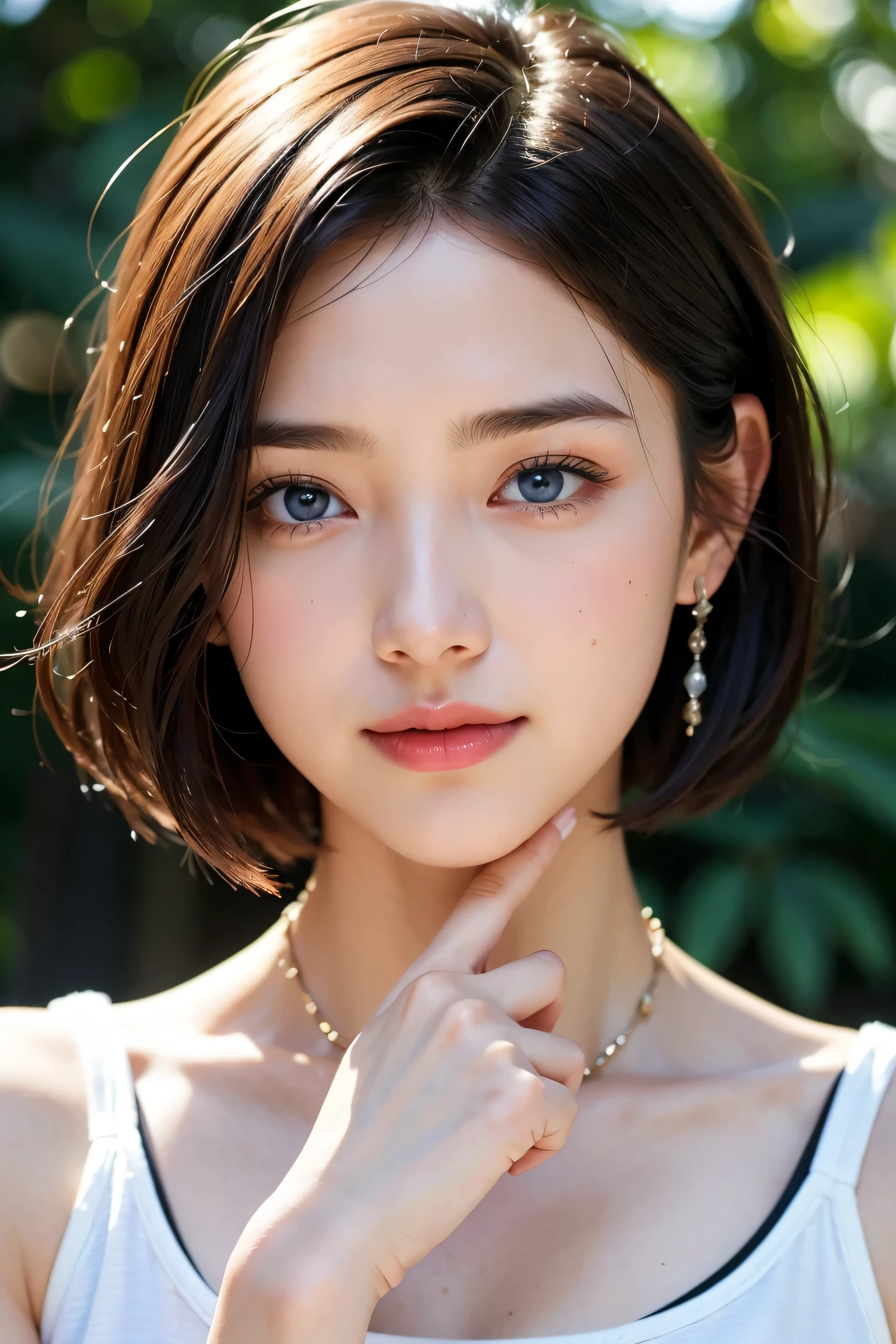 Save this image、Pale face and eyes:1.3、薄くてPale face and eyes:1.3, blue eyes:1.3、{highest quality}, {{masterpiece}}, {very delicate and beautiful}, outstanding light and shadow, highly detailed wallpaper, clear and bright sunlight, whole body, whole body、 1 girl, , blush、short bob hair, strong sunlight,  Black Nike Training Tops and Bottoms:1.3, delicate hair,realistic skin texture, visible wrinkles on the skin., broad shoulders,window, ((a strong light shines on your face)), color々take a pose:1.5, necklace、ring、earrings、smile:1,5