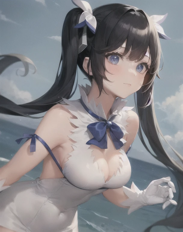 masterpiece, highest quality, long eyelashes, eyeliner, eye shadow, mascara, colorful, pink lips, deep skin, looking at the viewer, Upper body, crooked, hestia (danmachi), 1 girl, chest, alone, long hair, blue ribbon, twin tails, gloves, ribbon, dress, rei no himo, large chest, blue eyes, black hair, white gloves, cleavage, white dress, looking at the viewer, light smile, closed mouth, hair ribbon, bow, No sleeve, No sleeve dress, bangs, blush, cleavage cutout, hair ornaments, bowtie, clothing clippings, very long hair, covered navel, arm ribbon, shiny skin, outdoor, grassland, blue sky, cloudy sky, tight, taut dress, chestの焦点, Upper body, (masterpiece:1.47746), (very_be familiar with:1.05), (High resolution:1.05), ultra be familiar with, 100 floors,  extremely be familiar with, Complex, disorganized, small details, ultra be familiar with, be familiar with eyes, (Complex details, volume lighting, cinematic lighting, award-winning, Macro vibrant colors, Rule of thirds, majestic, be familiar with, elegant), colorful, realistic lighting, put your hands behind your back