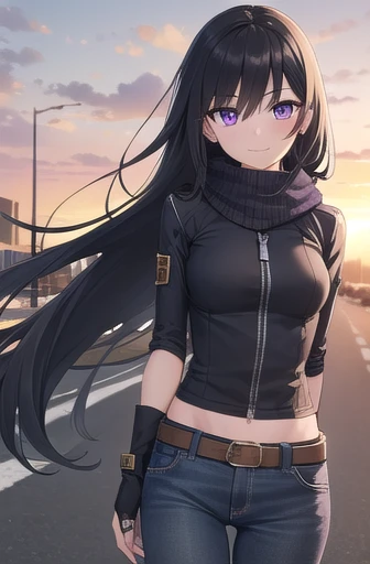 long hair, (black hair:1.3), (purple eyes:1.3), hair between eyes, cute face, smile, blush, hair drills
BREAK jeans, zipped jacket, scarf, arm warmers, arms crossed, exposed midriff, belt
BREAK sky, clouds, road, asphalt
BREAK looking at viewer, cowboy shot, wind, wind blowing
BREAK (masterpiece:1.2), best quality, high resolution, unity 8k wallpaper, (illustration:0.8), (beautiful detailed eyes:1.6), extremely detailed face, perfect lighting, extremely detailed CG, (perfect hands, perfect anatomy)