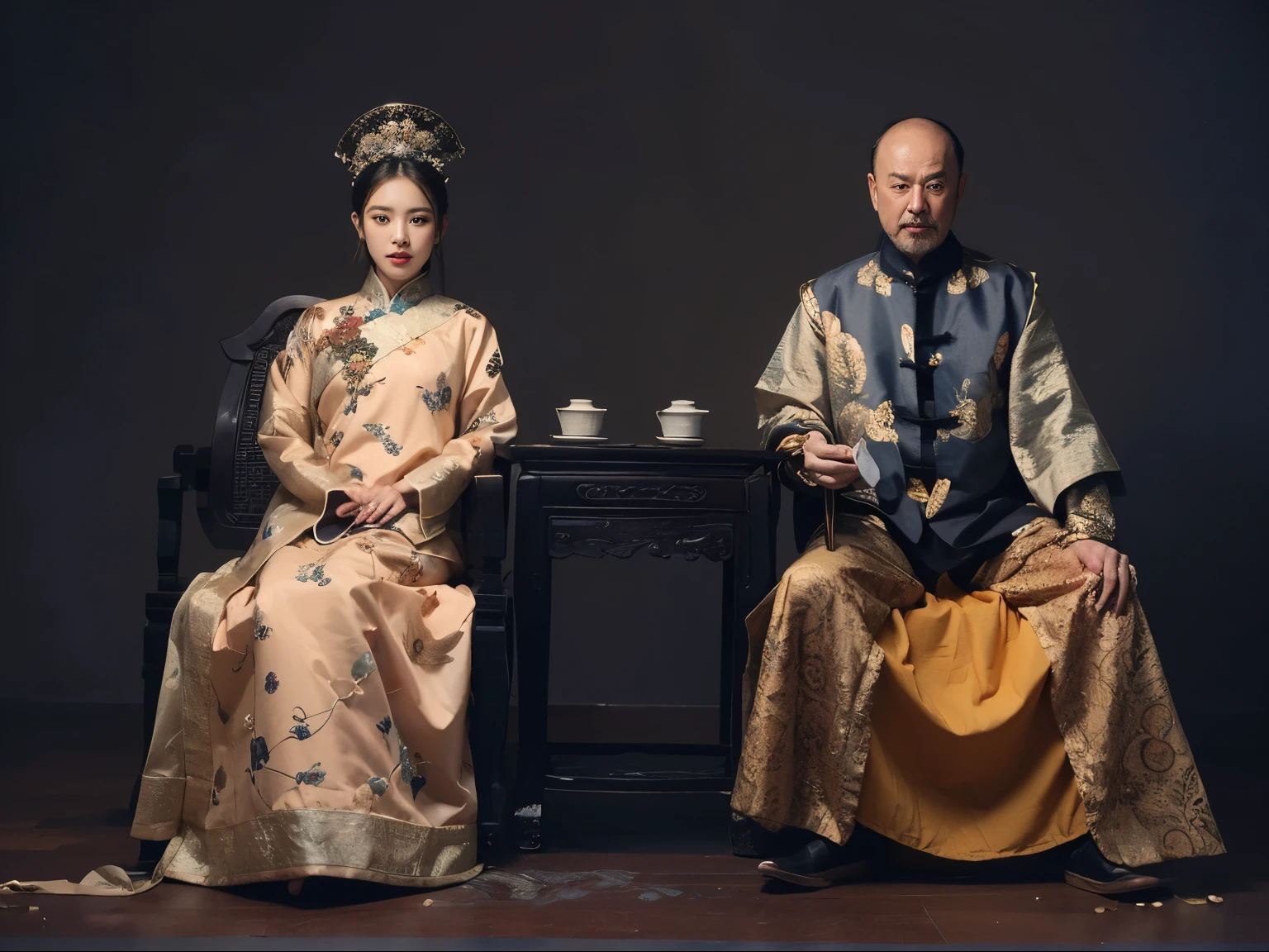 arafed image of a man and a woman sitting next to each other, inspired by Guo Xi, qing dynasty, wearing ancient chinese clothes, wearing ornate silk clothes, gujian, traditional chinese clothing, inspired by Fei Danxu, seated in royal ease, inspired by Wang Ximeng, inspired by Xie Huan, with acient chinese clothes