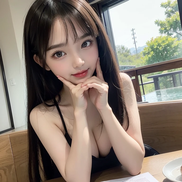 highest quality, High resolution, beautiful illustrations, (1 girl, Japanese beautiful girl), Upper body, Smile, big slit eyes, (big double eyelids:1.5), plump cheeks, long black hair, Smooth straight hair, slender, Are thin, small breasts, white dress, cleavage, (focus on face, Depth of the bounds written:1.5), bright light, Cafe, indoor, Drinks on the table, sitting, 