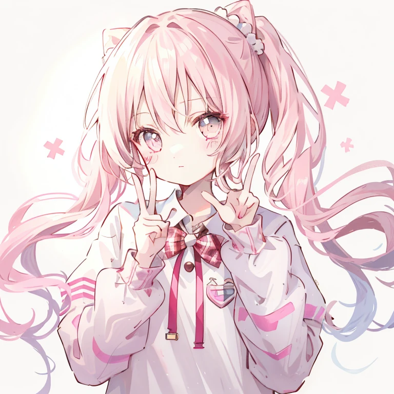 (double V-sign)1.4,(double piece)1 girl, oasis, blush sticker, double ponytail, triple white, tartan check, gradient hair,, white background