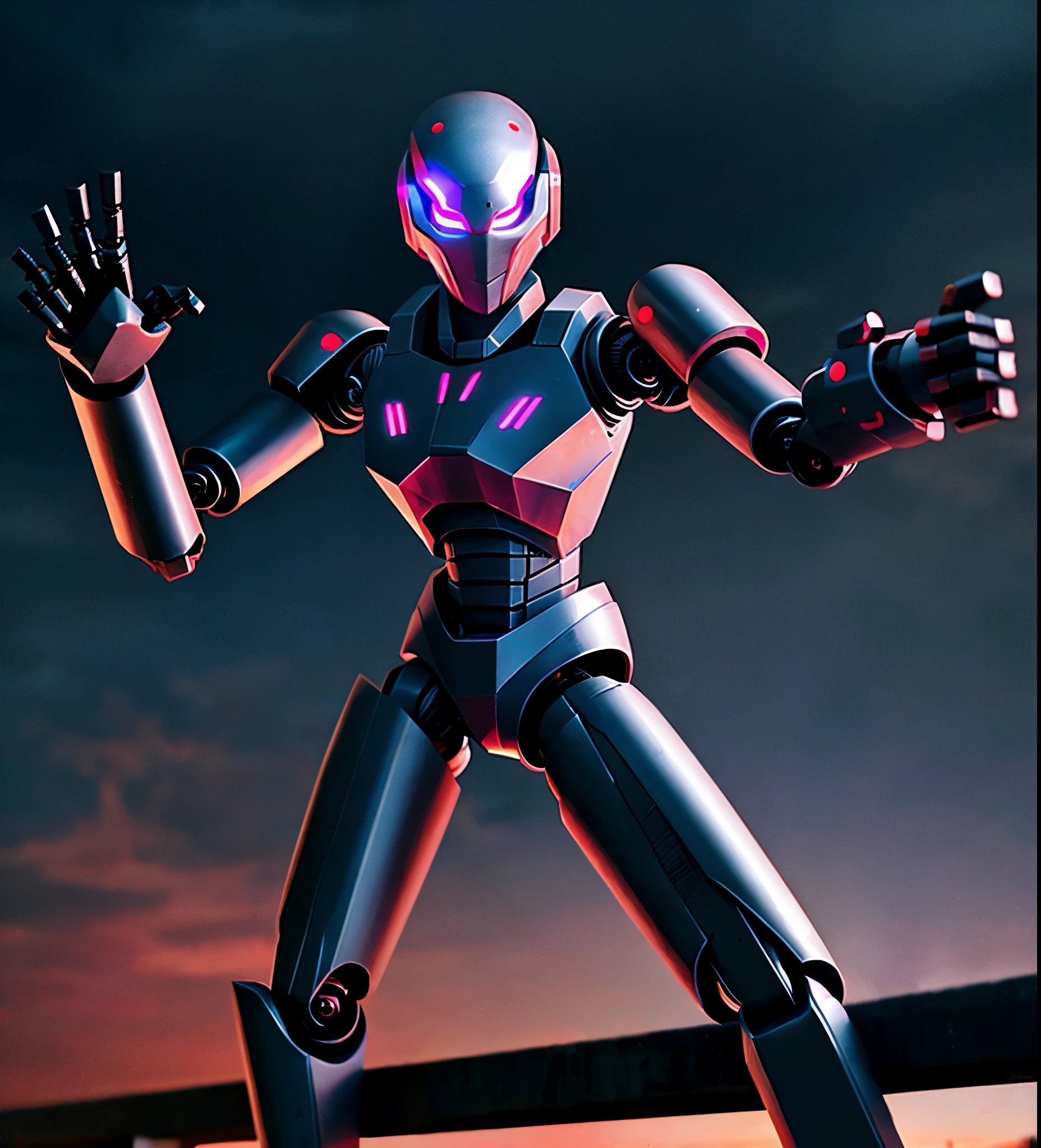 Evening background, black iron robot, doll robot, high performance, high quality, armed, sharp armed, thick armor, eyes purple, glowing purple, sharp eyes, rogue robot, sky in background,