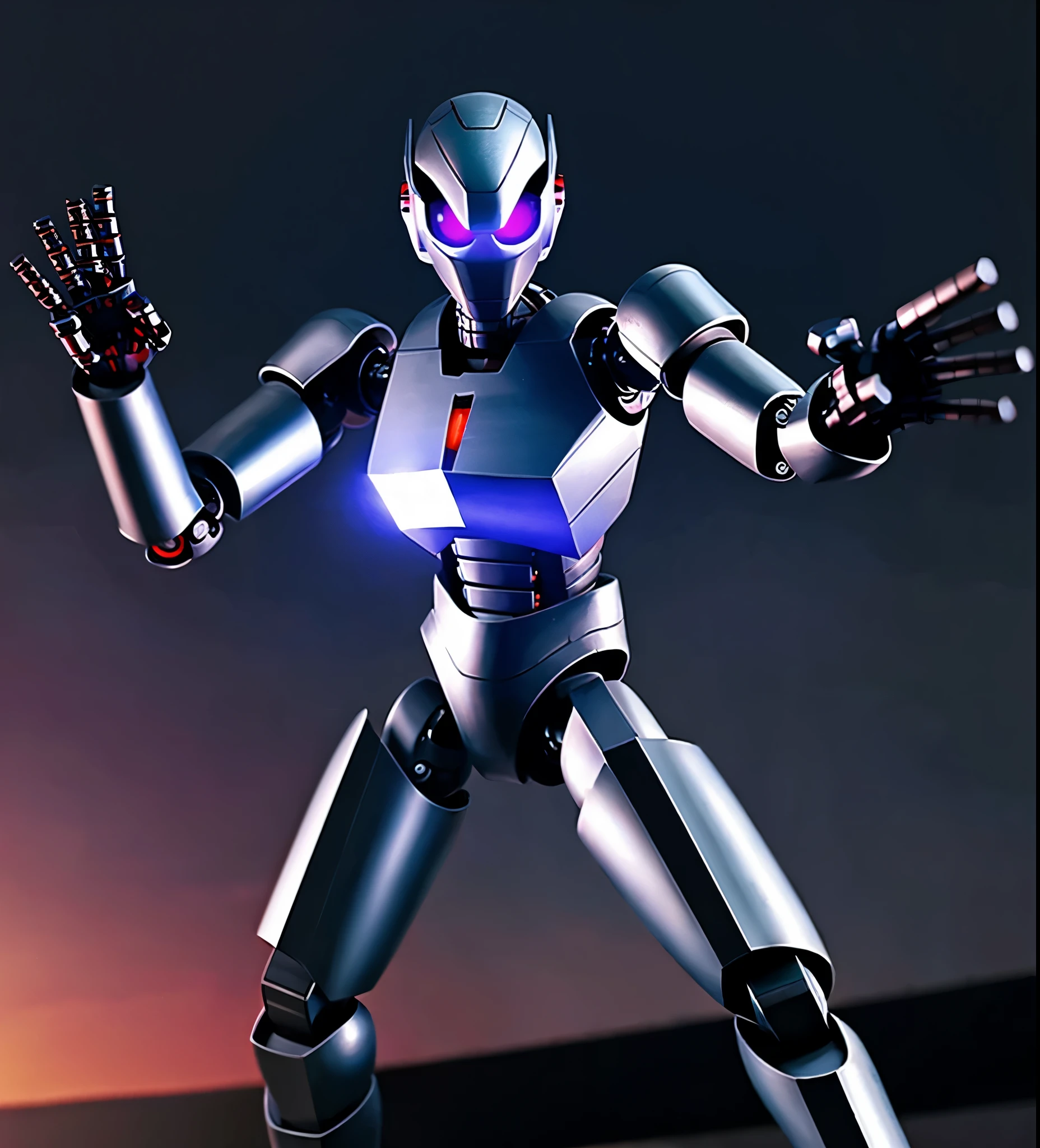Evening background, black iron robot, doll robot, high performance, high quality, armed, sharp armed, thick armor, eyes purple, glowing purple, sharp eyes, rogue robot, sky in background,