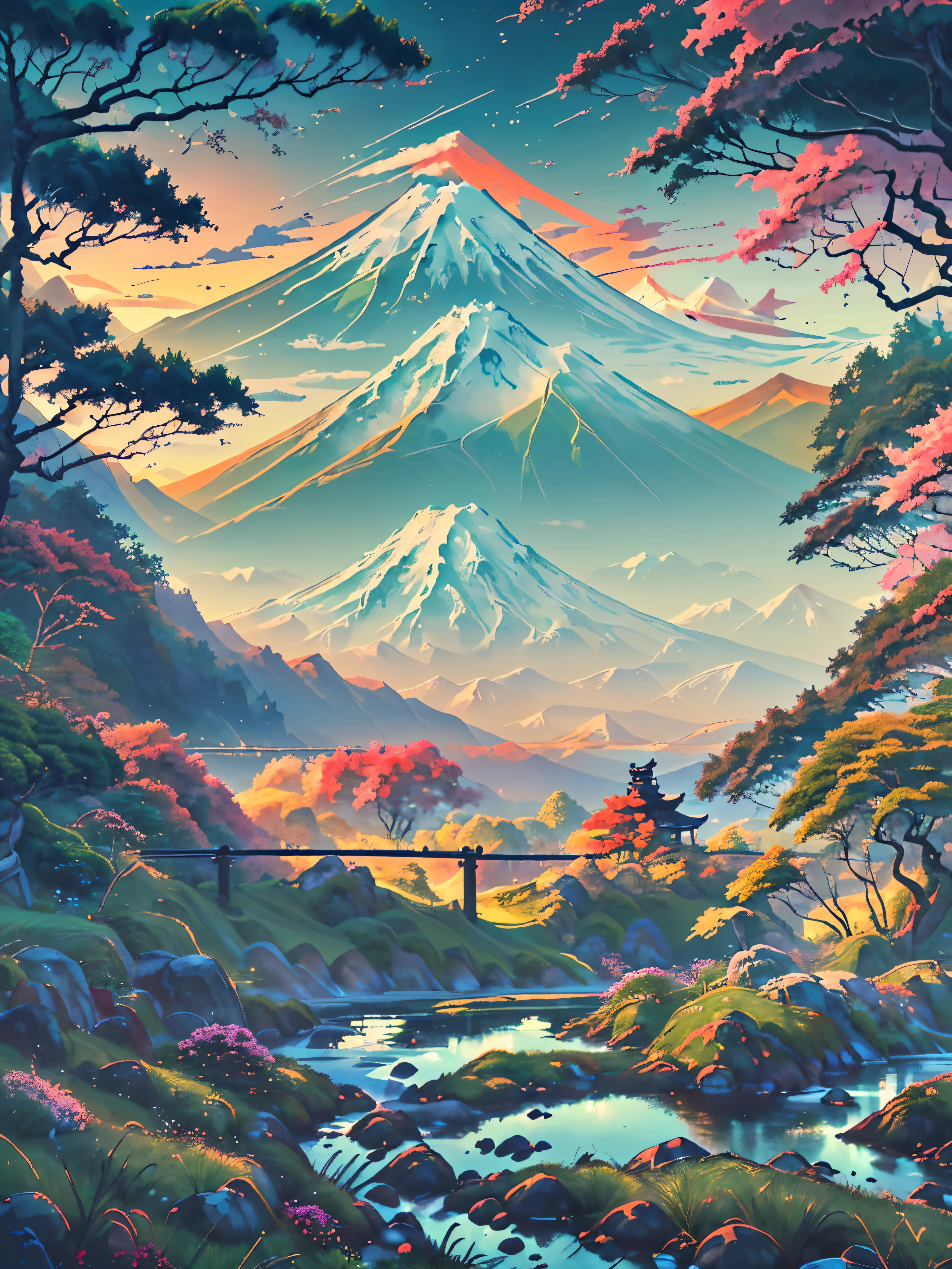 A Japanese valley unfolds with Mount Fuji in the background. Alongside vibrant grass, a slender road meanders, accompanied by the presence of tall trees, enhancing the serene beauty of the landscape.