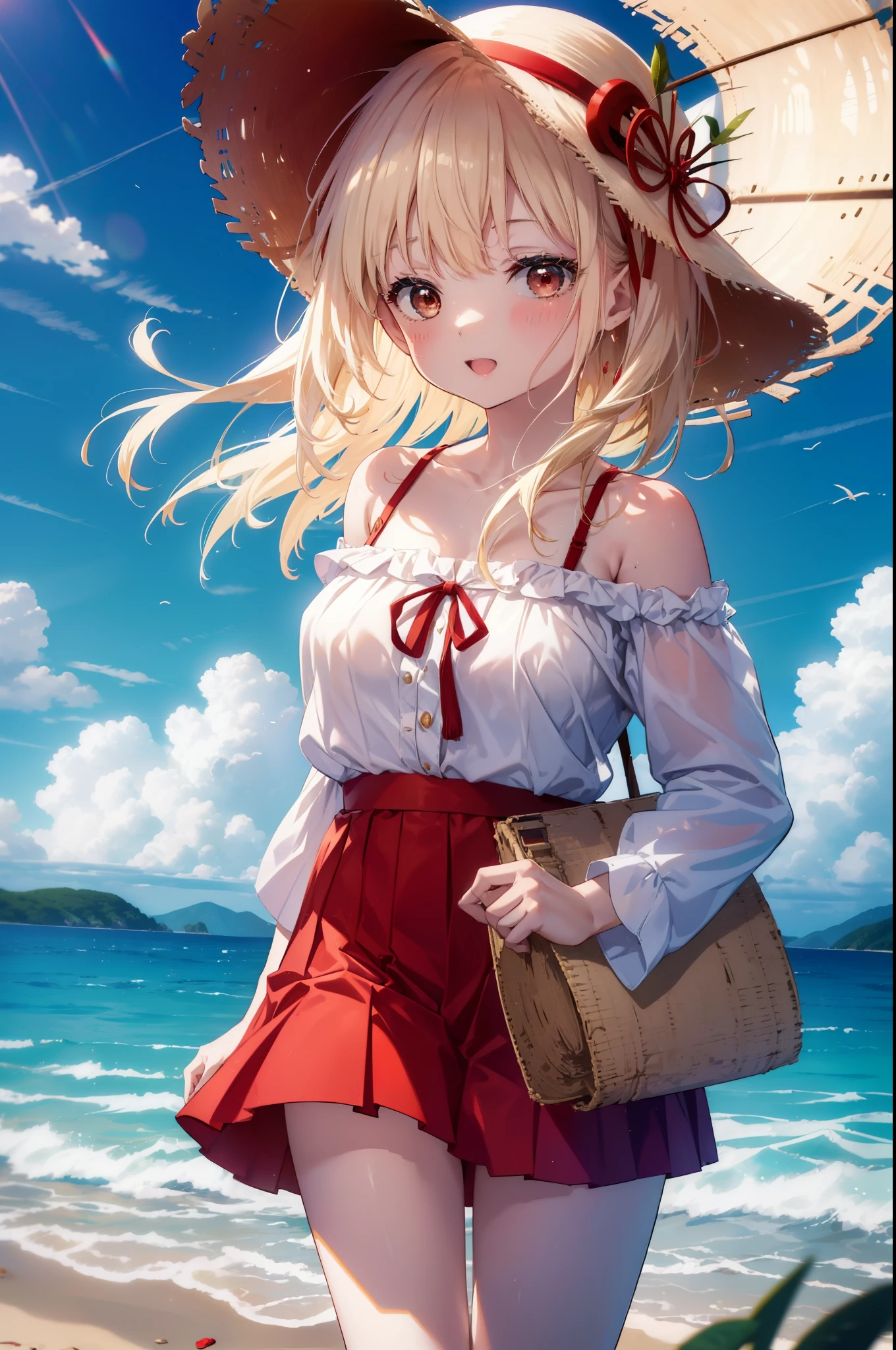 chisatonishikigi, nishikigi chisato,long hair , bangs, blonde hair, (red eyes:1.5), happy smile, smile, open your mouth,big straw hat,off shoulder dress,long skirt,naked neck,bare shoulders,bare clavicle,Grab the skirt with both hands and lift it up,barefoot,beachの砂浜を散歩しながら,風になびくblonde hair, real summer,Light of the sun,
break outdoors,beach ,
break looking at viewer,whole body (cowboy shot:1.5),
break (masterpiece:1.2), highest quality, High resolution, unity 8k wallpaper, (shape:0.8), (fine and beautiful eyes:1.6), highly detailed face, perfect lighting, Very detailed CG, (perfect hands, perfect anatomy),