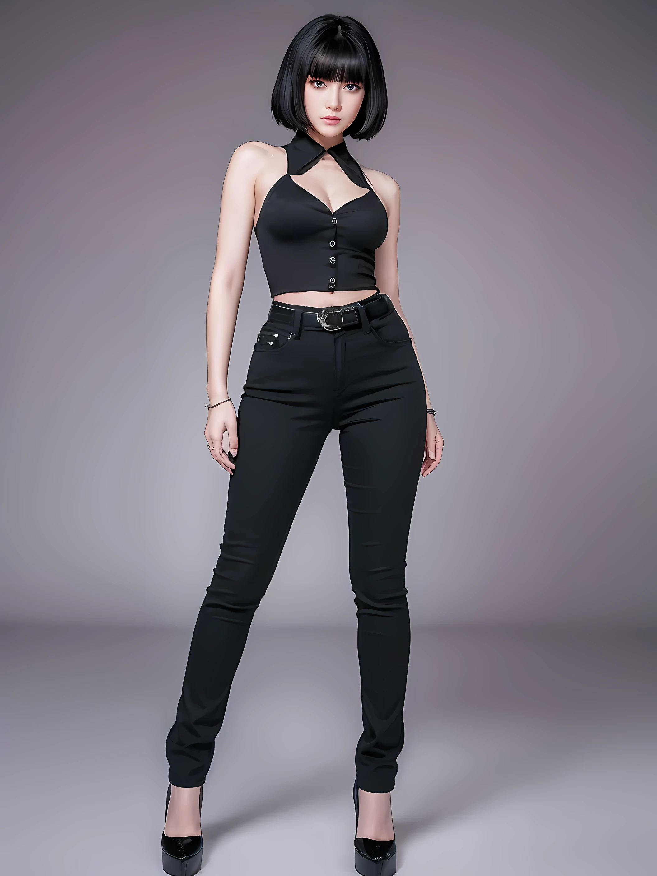 -yeld gi, Dress in anime style , Big eyes , Dark eyebrows , Standing full body , small waist , Her figure is like an hourglass., hourglass shape , Good shape , black hair, short bobtail hair,high waist shirt,low waist pants,Sharp, realistic images,wet,Realistic eyes,high resolution,The eyes are the same.,sparkle in eyes