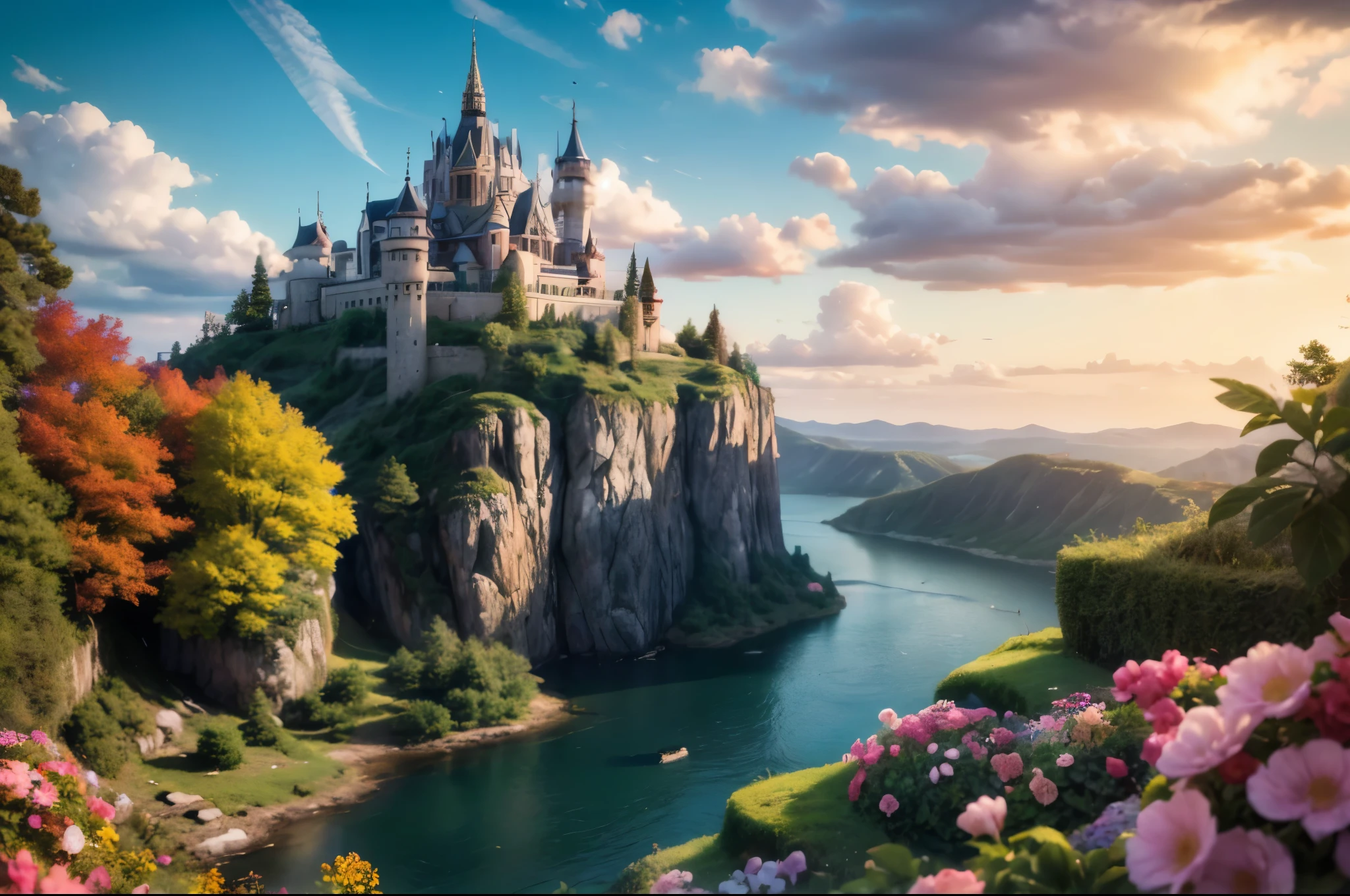table top, 最high quality, high quality, very detailed CG ユニット 8k 壁紙, landscape, outdoor, sky porn, cloud, Day, great medieval castle, there are no humans, Mont, landscape, water, wood, blue sky, waterfall, cliff, nature, lake, river, village, autumn, cloudy sky, colorful flowers, Award-winning photo, Bokeh, Depth of the bounds written, nffsw, bloom, chromatic aberration, realistic, very detailed, art station trends, CG Society Trends, Complex, high detail, dramatic, mid-journey art