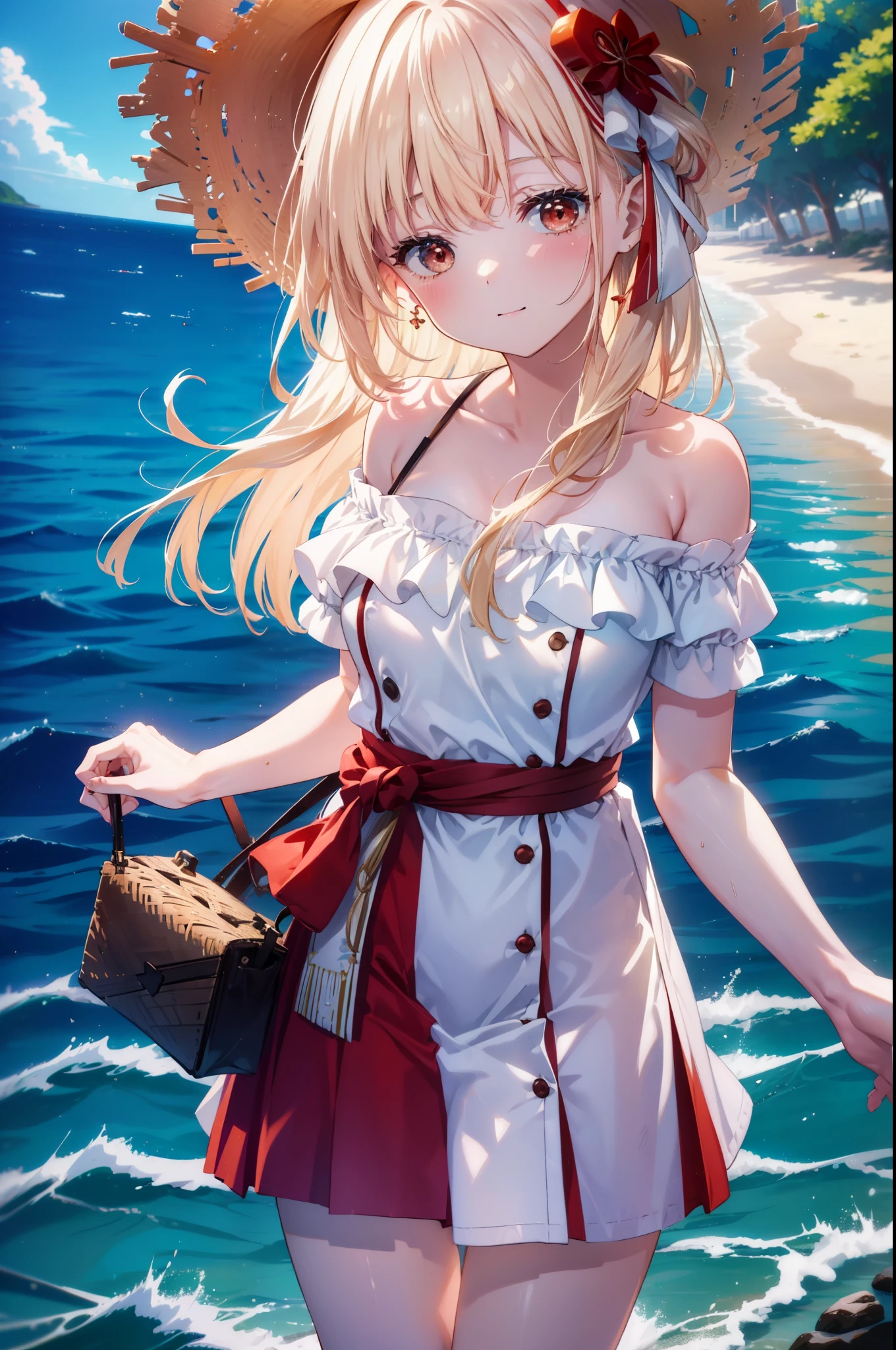 chisatonishikigi, nishikigi chisato,long hair , bangs, blonde hair, (red eyes:1.5), happy smile, smile, open your mouth,big straw hat,off shoulder dress,long skirt,naked neck,bare shoulders,bare clavicle,Grab the skirt with both hands and lift it up,barefoot,beachの砂浜を散歩しながら,風になびくblonde hair, real summer,Light of the sun,
break outdoors,beach ,
break looking at viewer,whole body (cowboy shot:1.5),
break (masterpiece:1.2), highest quality, High resolution, unity 8k wallpaper, (shape:0.8), (fine and beautiful eyes:1.6), highly detailed face, perfect lighting, Very detailed CG, (perfect hands, perfect anatomy),