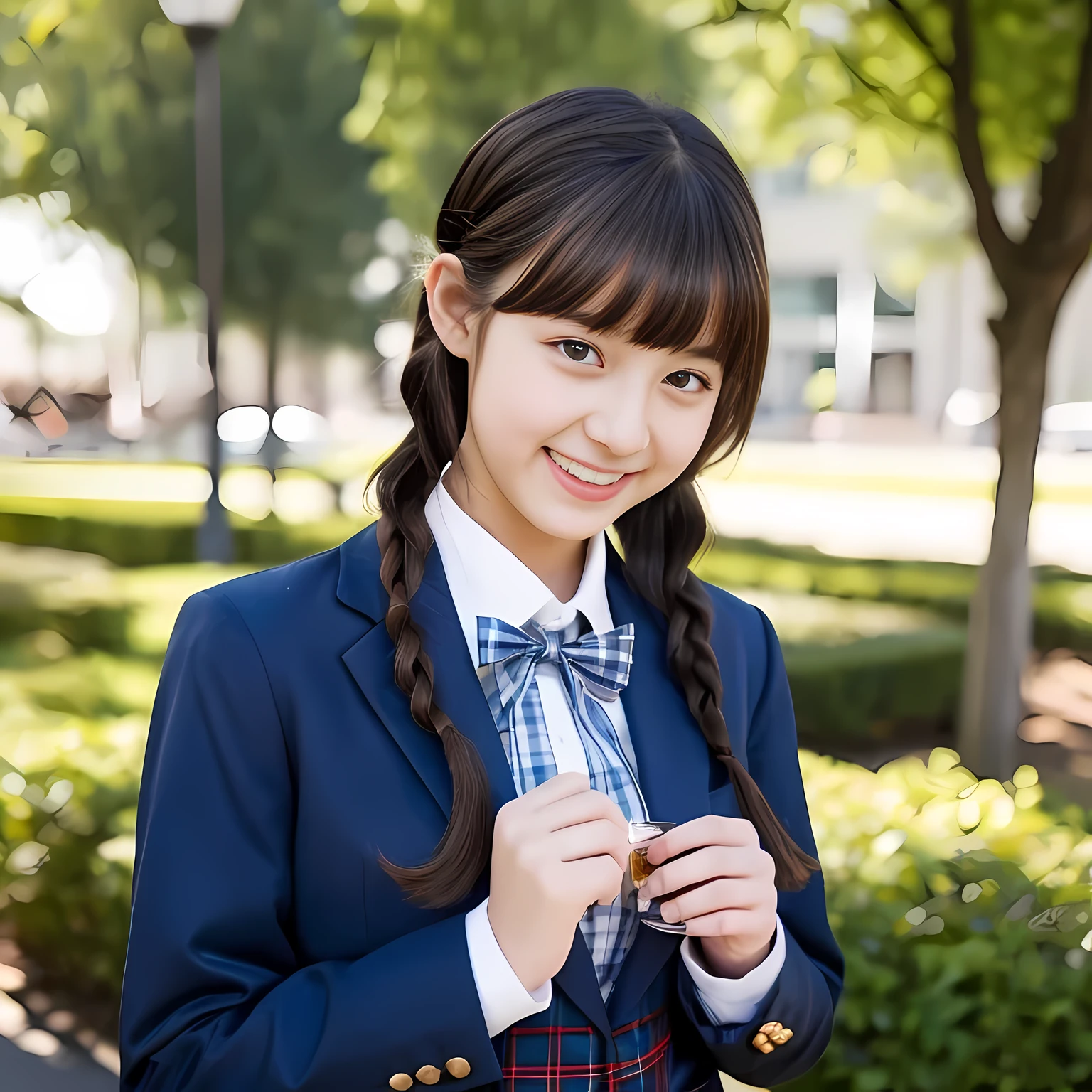 (highest quality、masterpiece:1.2)、highest quality、realistic、photograph、High resolution、1080p、8K、Pale, rough skin、The face is especially pale., physical rendering、one Japanese girl、Japanese high school studenng、cute, 14 years old,ry detailed beautiful dark brown eyes))), ((girly large wine-red glossy polyester Japanese school ribbon bow tie)), ((((very beautiful long braids hair)))), ((((deep navy colored tartan checkered formal long pleated skirt)))), ((A formal dark blue blazer that is slightly oversized and has an emblem on the left chest.)), ((Watching the viewer and laughing)), Very fun, Very happy, mouth is open, the skirt is so cute, detailed fingers, modest chest, ((curled bangs)), so beautiful, long eyelashes, (((Touching your hair with your hands))), ((Impressive and very very very cute eyes of Japanese girls)), double eyelids, The entire skirt is photographed, Very cute face, thin sagging eyebrows, Drooping eyes, maximum smile