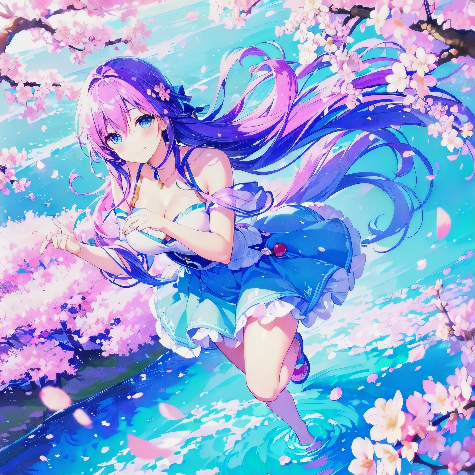 highres, extremely details, best quality, 32k, 8K wallpaper,4K digital animation art.1girl, A girl who loves spring. (blue color theme:1.3), Full body illustration, detailed eyes, (she running along with large gesture and a riverbed lined with cherry blossoms:1.3),(Unrealistic cherry blossom petals swirl around her:1.5),(She has super happy dreams and a hopeful smile:1.3),An illustration that lets you feel the refreshing smell and cheerfulness of spring, she has a big smile, Rainbow glow and perfect blue sky and dramatic light-masterpiece, Perfect dream and getting a hope, Dynamic angle movie.