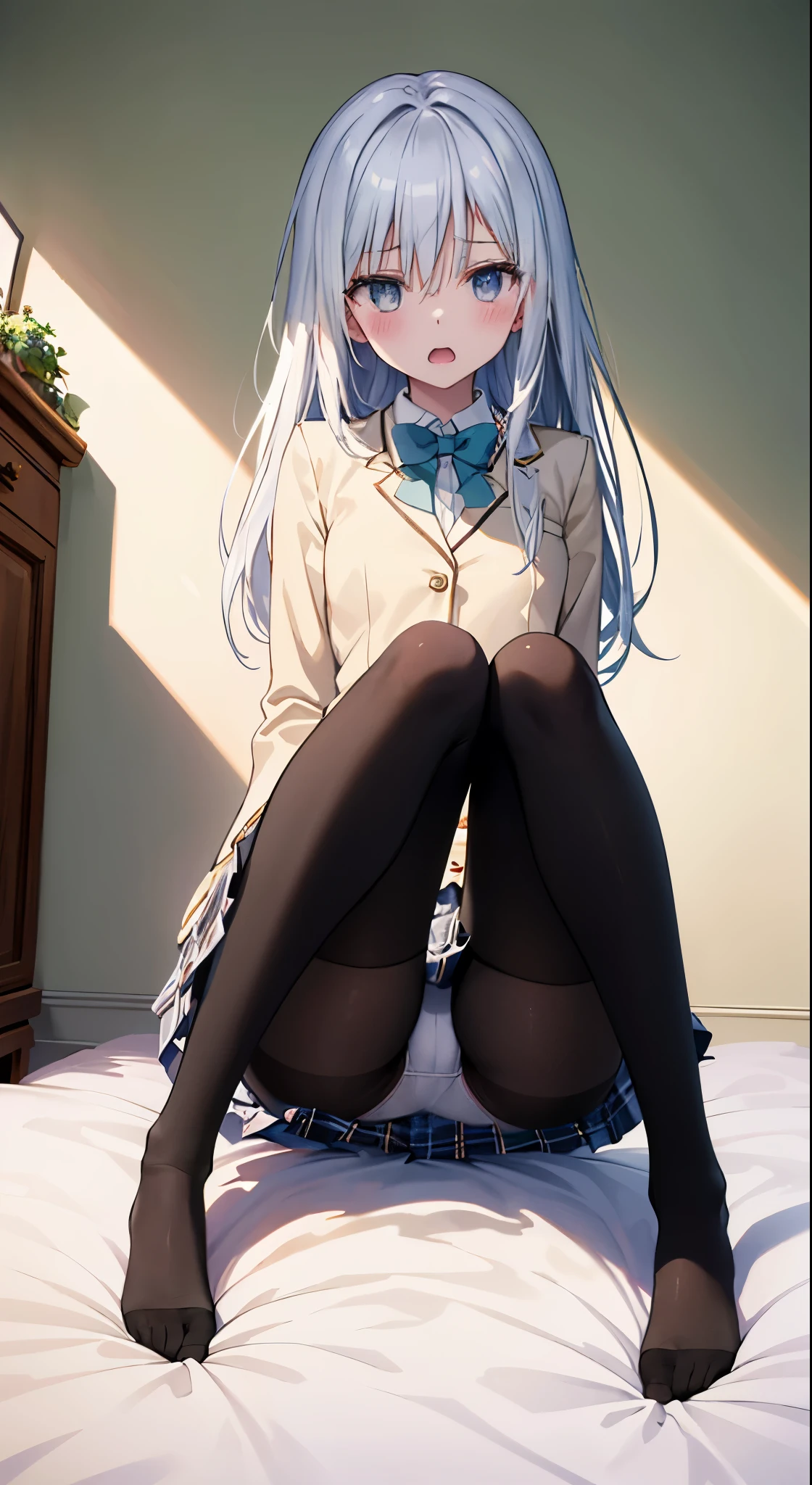 finest, masterpiece, High resolution, (Full body view from head to toe), Composition from the front and slightly below, symmetrical composition, Composition with accurate balance throughout the body、18 years old, slim and beautiful girl, alone, (small breasts), (not wearing shoes),messy hair, bangs, (black tights), (black pantyhose), (sitting on the floor with legs apart), (A pose in which the legs are spread apart on the bed), tied up with both arms hidden behind the back, (Composition showing white panties), (her legs spread、I can see white panties.), (Open mouth with a pained expression), blush, shy big eyes, looking at camera, blazer uniform, plaid pleated skirt