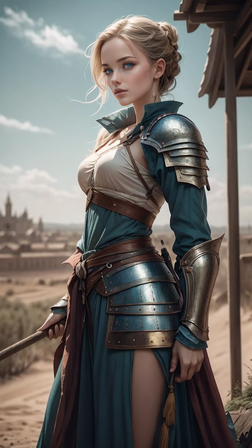 ((最high quality, 8K, masterpiece: 1.3, Ultra HD, high quality, 最high quality, High resolution, realism)) 、(high color saturation:1.0), (highly detailed skin), (最high quality:1.0), (超High resolution:1.0) ,(realistic:1.0), (Super detailed:1.0), (8K, Raw photo:1.1), slender、Slender, muscular body that's toned like an athlete's、Jeanne d'Arc、Wearing Western armor from head to toe、holding a pole with a flag on it、nice body、I'm on top of a small hill、There are many knights in armor around.、It's a battlefield、There are many dead soldiers around