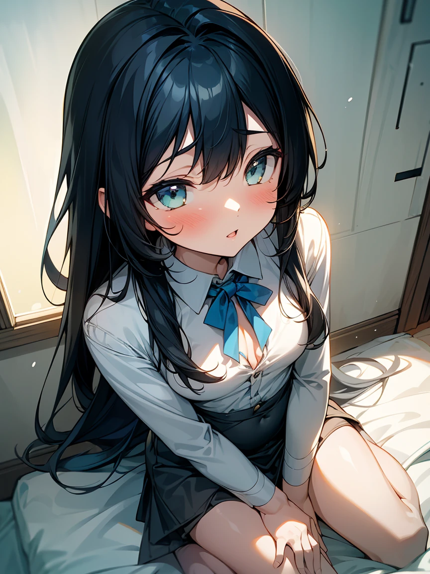 absurdres, RAW photo, extremely delicate and beautiful, masterpiece, Best Quality, ultra high resolution, 32k, hyperrealistic, ultra-detailed, perfect figure, in her 20s, very small head, very small face, delicate facial features, tearful mole, earring, huge breasts, legs, full body shot, medium hair, black hair, Colored inner hair, sweat, school_uniform,