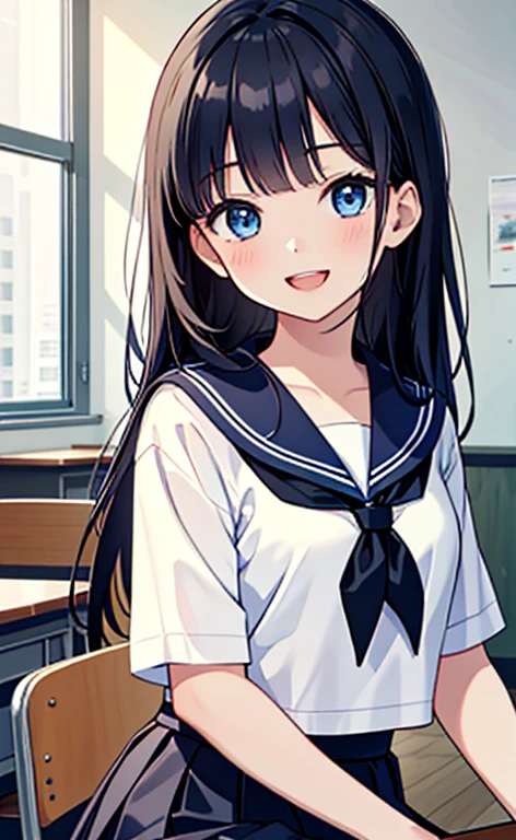 (​masterpiece、top-quality:1.5、8k size wallpaper、offcial art)、(portrait,upper body)、(1girl),Open mouth happy grin,cute face,blue eyes、
,(sitting),
,(sexy body),(sailor uniform,skirt),(long black hair), (small breasts)、
、classroom,JK、