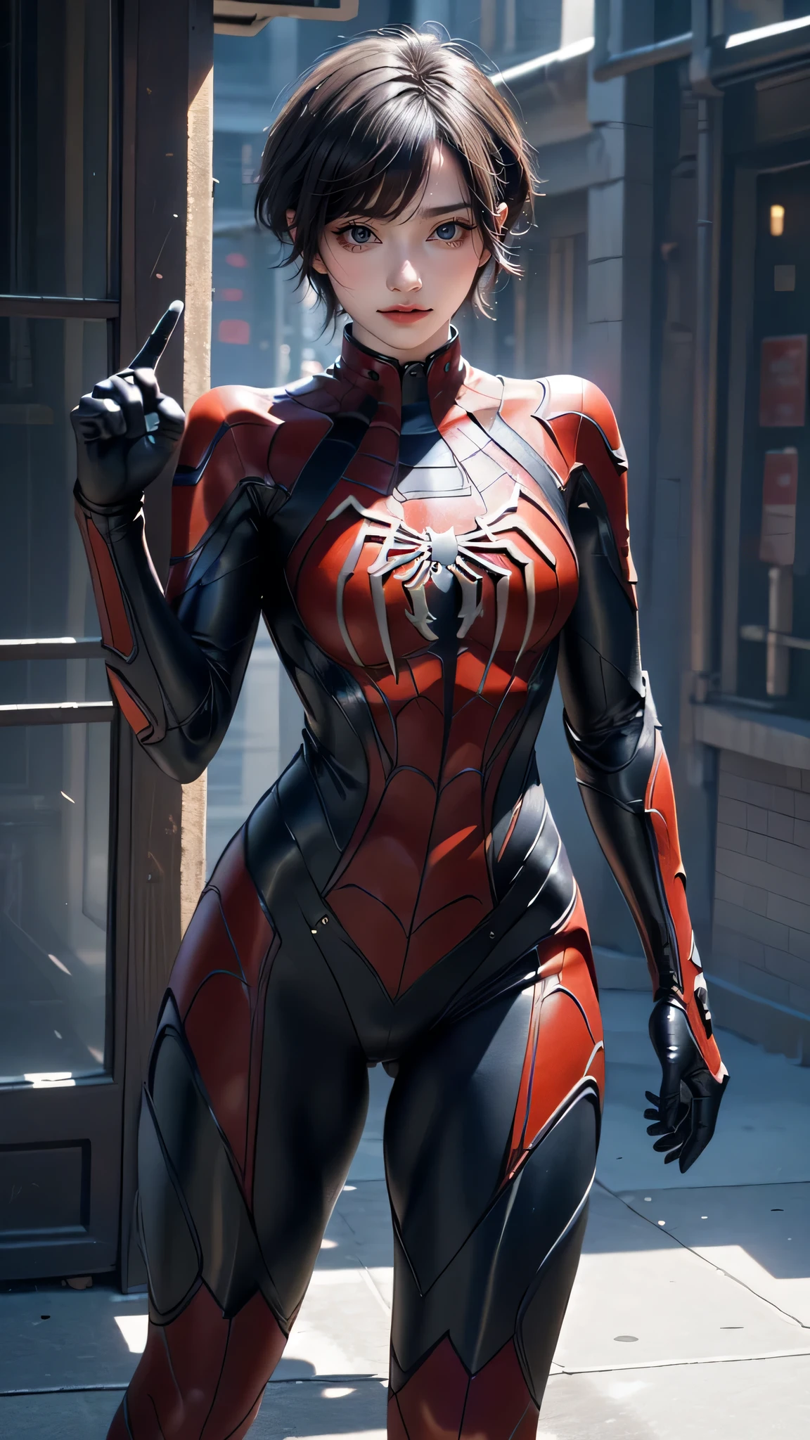 masterpiece, 1 Korean girl，realisticlying，8K  UHD，high high quality，in the background bokeh, white and black spider-man suit，Spidey，Clothes wrap around the whole body，Tight clothing，Abs contour，Short black hair，s the perfect face，shining face，Ultra-clear face，Elaborate Eyes，idoly