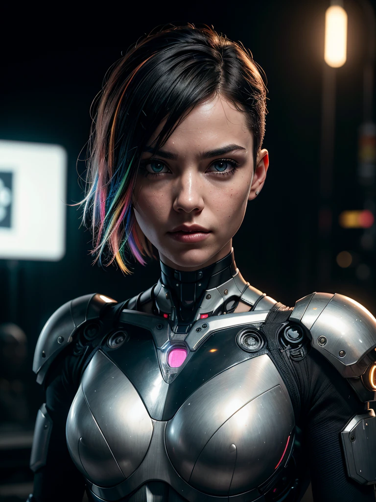 hyperrealism, (photorealistic:1.2), (film grain:1.3), masterpiece, best quality, perfect detail, cinematic lighting, professional photo, realistic photo, raw photo, cyberpunk style, cyborg girl, robotic body, athletic physique, large breasts,  black armor, short haircut, multicolored hair, robotic face, detailed face, posing in fantasy workshop, dim light, dramatic lighting