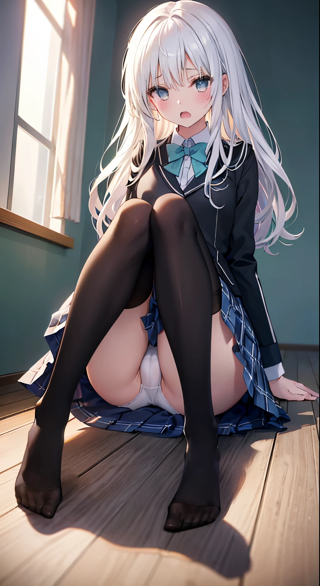 finest, masterpiece, High resolution, (Full body view from head to toe), Composition from the front and slightly below, symmetrical composition, Composition with accurate balance throughout the body、18 years old, slim and beautiful girl, alone, (small breasts), (not wearing shoes),messy hair, bangs, (black tights), (black pantyhose), (sitting on the floor with legs apart), (A pose in which the legs are spread apart on the bed), tied up with both arms hidden behind the back, (Composition showing white panties), (her legs spread、I can see white panties.), (Open mouth with a pained expression), blush, shy big eyes, looking at camera, blazer uniform, plaid pleated skirt