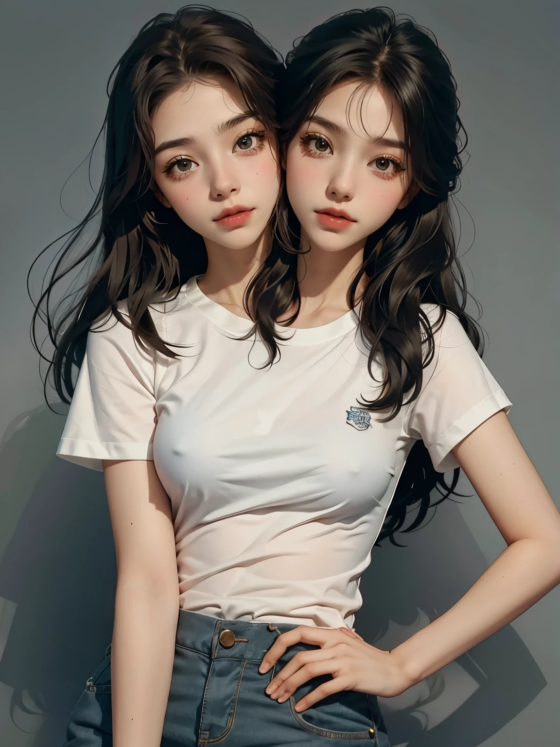 Two young women posing for a photo in a white shirt and jeans - SeaArt AI