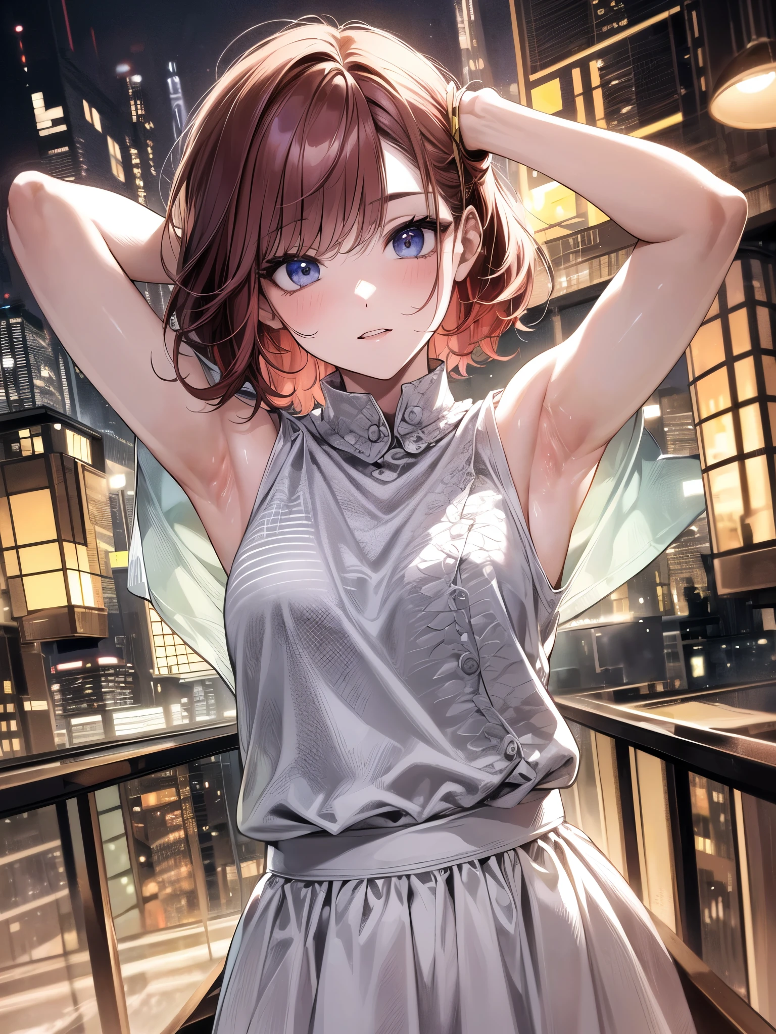 Close-up、Angle seen from below、red hair、wavy short hair、cute、ground:1.3、spring:1.3、short sleeve shirt:1.3、、skirt(((Highest image quality、High resolution、masterpiece、one woman)))、(((showing armpits:1.3)))、(((embarrassing:1.3、)))、(((cute)))
