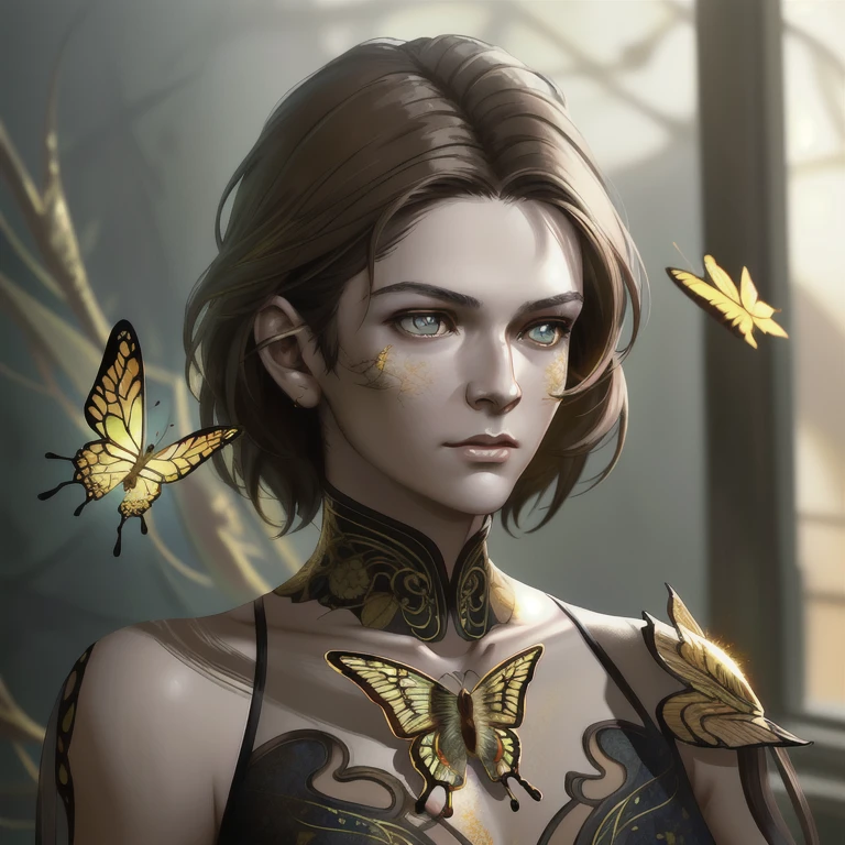 8k portrait of beautiful cyborg with brown hair, intricate, elegant, highly detailed, majestic, digital photography, art by artgerm and ruan jia and greg rutkowski surreal painting gold butterfly filigree, broken glass, (masterpiece, sidelighting, finely detailed beautiful eyes: 1.2), hdr,