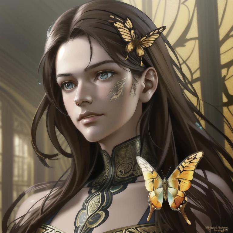 8k portrait of beautiful cyborg with brown hair, intricate, elegant, highly detailed, majestic, digital photography, art by artgerm and ruan jia and greg rutkowski surreal painting gold butterfly filigree, broken glass, (masterpiece, sidelighting, finely detailed beautiful eyes: 1.2), hdr,