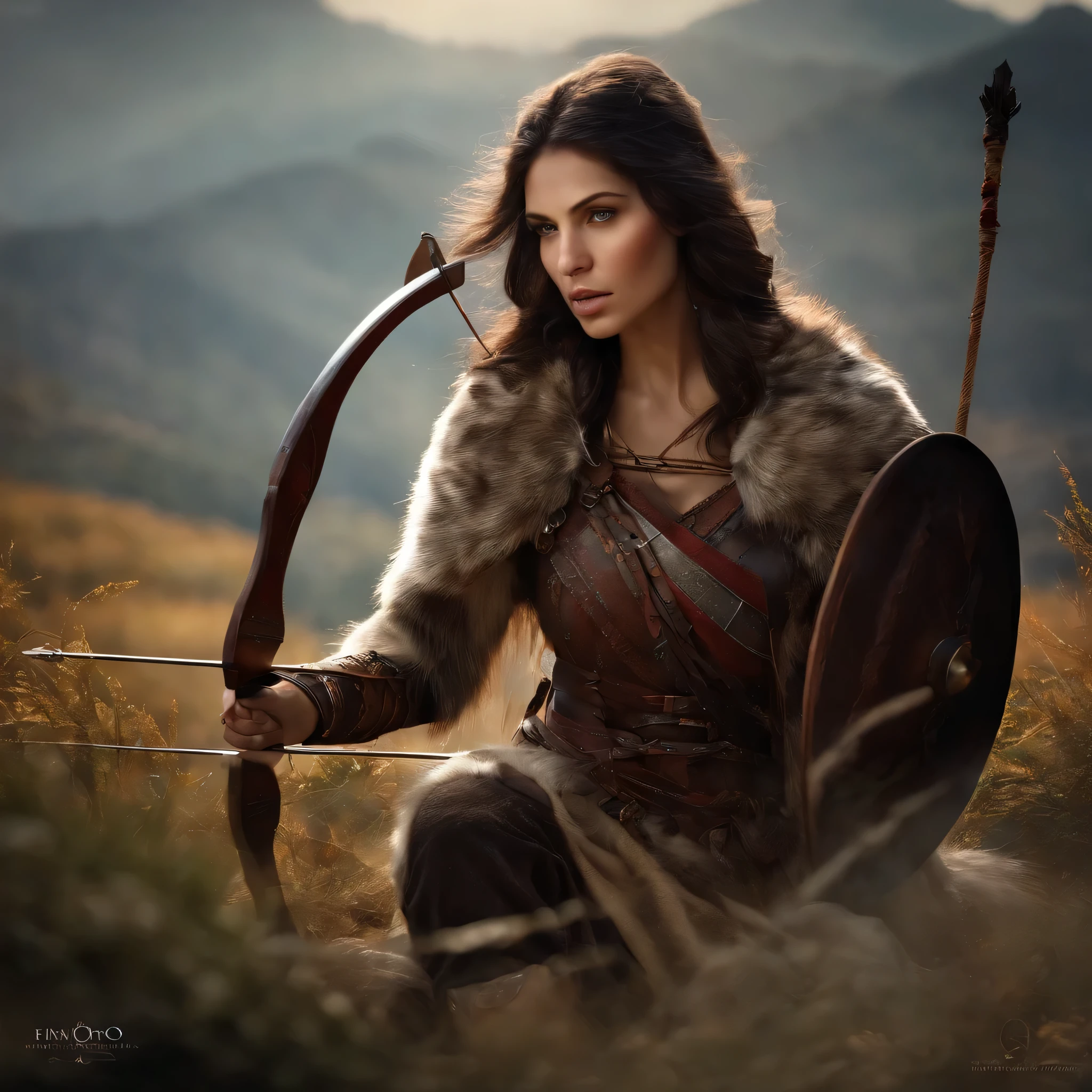 Ancient Russia, woman-warrior, Archer, dark hair, Hood, scars on face, Light Armor, Wolf Skin
