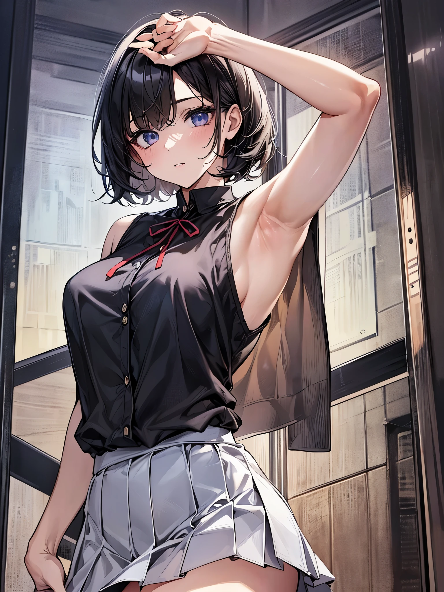 Close-up、black hair、wavy short hair、cute、Became:1.3、shirt:1.3、、skirt(((Highest image quality、High resolution、masterpiece、one woman)))、(((showing armpits:1.3)))、(((embarrassing:1.3、)))、(((cute)))