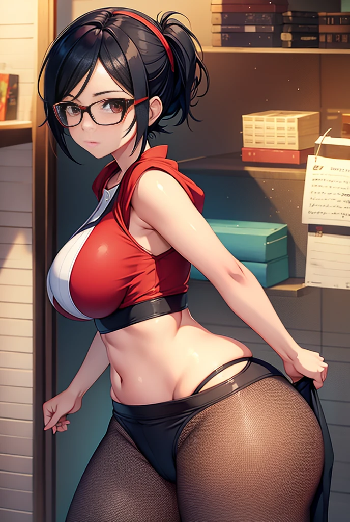 Sarada with very big breasts and big butt in her usual outfit 