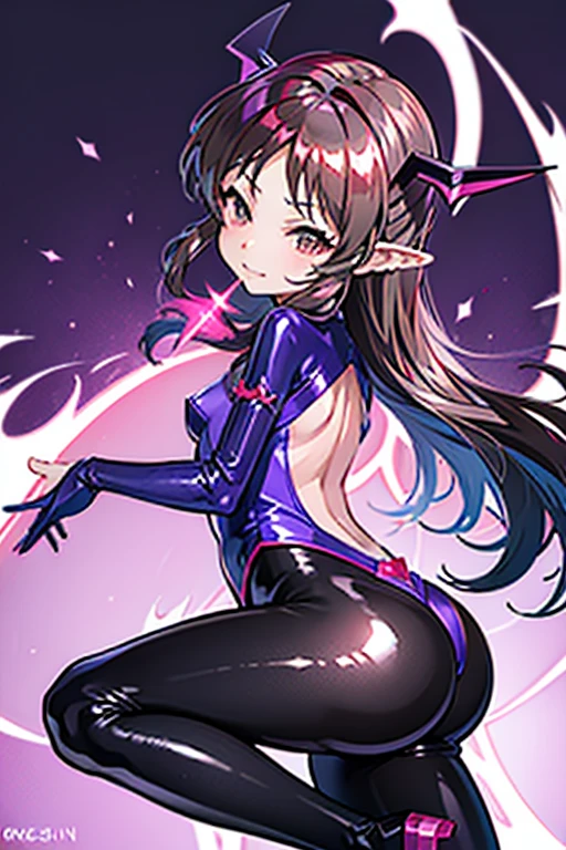 Draw a face carefully　High quality anime style faces　Super shiny skin　Black and purple leotard with red trim　Pink Pantyhose　Succubus　Lure　smile　Rear View