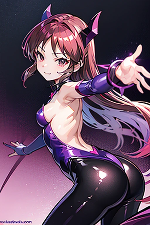 draw the face carefully High quality anime style faces super shiny skin Black and purple leotard with red trim pink pantyhose Succubus lure smile photo seen from behind
