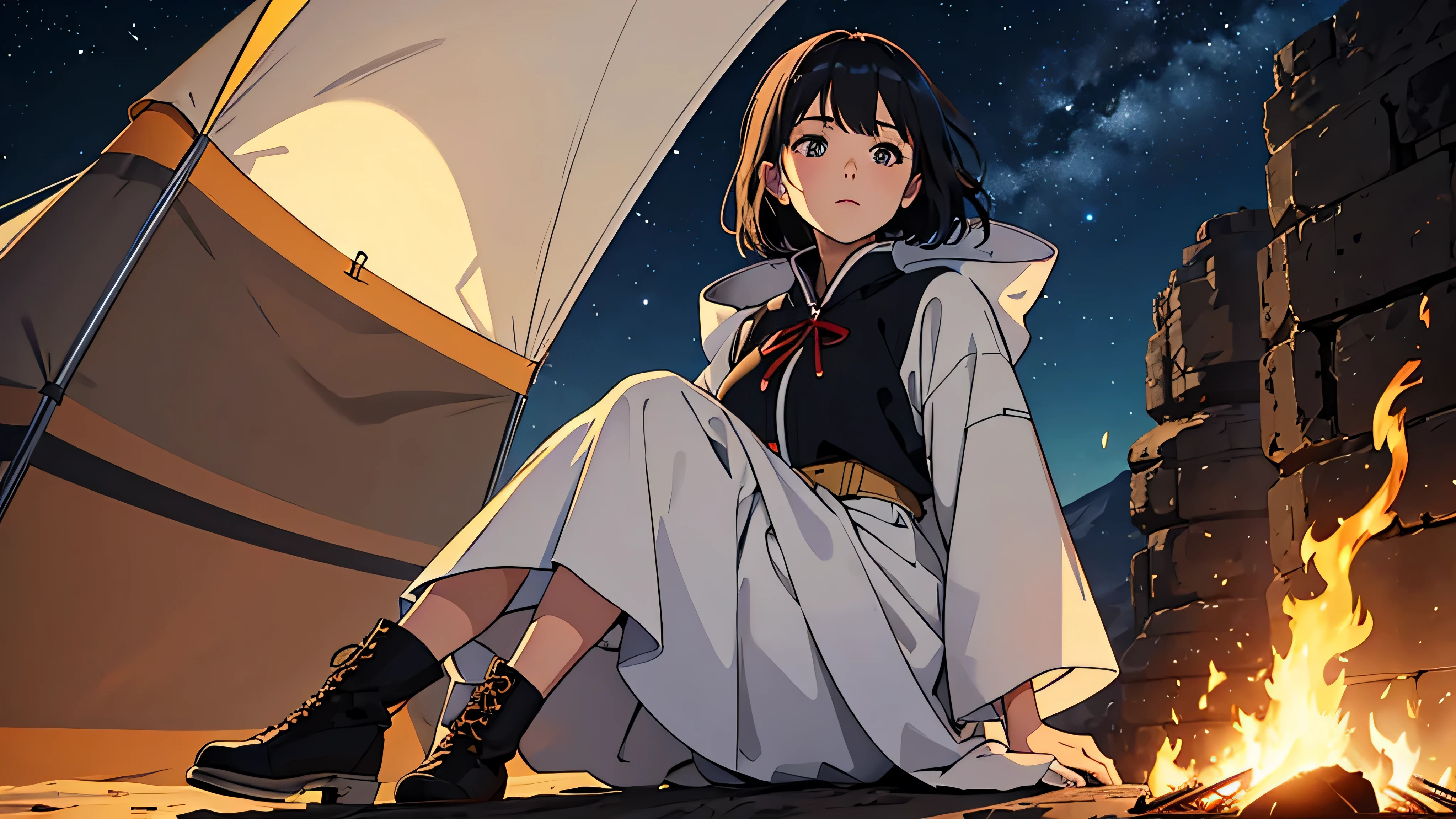Generate an image of a girl sitting alone near a singular campfire and a single tent. She is gazing at the fire with her face tilted forward, wearing a calm expression. Her hair is short and bobbed, a shade close to black. She is dressed in a white traveler-style outfit paired with boots. The background showcases a vast desert with a single small tent, providing a view of the desert night sky filled with twinkling stars. Her hair is gently swaying in the wind.