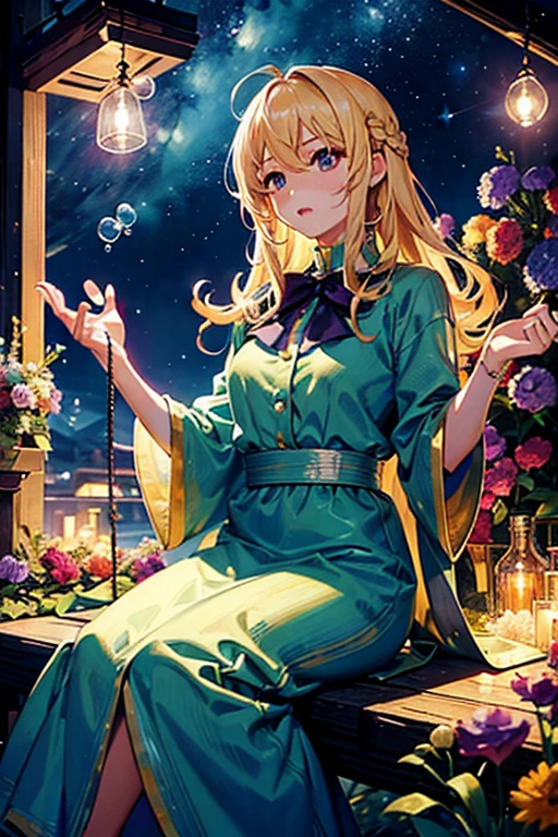 (bright blonde hair:1.1, anime style, girl, purple eyes:1.1, blowing bubbles, starry night:1.1) [illustration, vivid colors, highres], (ultra-detailed, photorealistic, realistic:1.37), (best quality, 4k, masterpiece:1.2), joyful expression, elegant outfit, surrounded by colorful flowers, sitting on a swing in a lush garden, magical atmosphere, gentle breeze, soft warm lighting, dreamy ambiance.