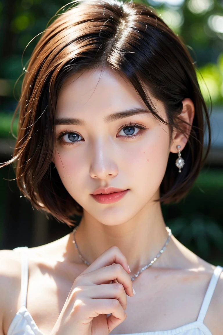 Save this image、Pale face and eyes:1.3、薄くてPale face and eyes:1.3, blue eyes:1.5、model makeup:1.5, 8k, {highest quality}, {{masterpiece}}, {very delicate and beautiful}, outstanding light and shadow, highly detailed wallpaper, clear and bright sunlight, whole body, whole body、 1 girl, , blush、short bob hair, strong sunlight,  Black Nike Training Tops and Bottoms:1.3, delicate hair,realistic skin texture, visible wrinkles on the skin., broad shoulders,window, ((a strong light shines on your face)), color々take a pose:1.5, necklace、ring、earrings、smile:1,5