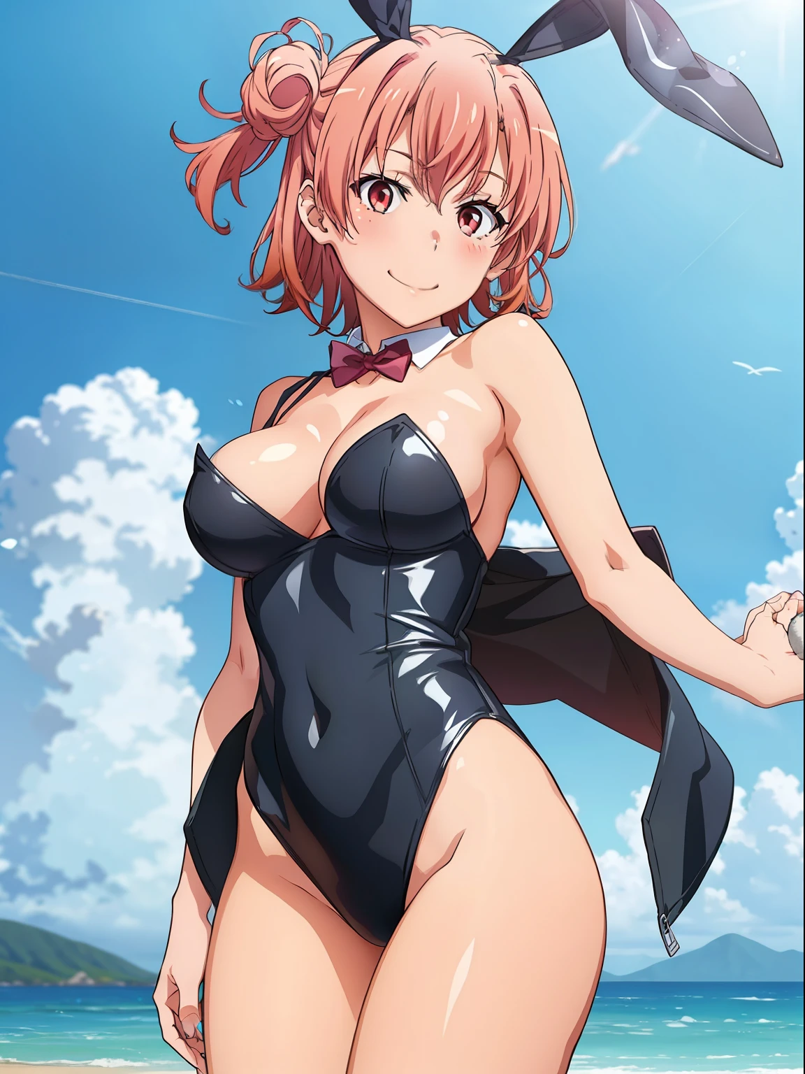 ((masutepiece, Best Quality, hight resolution, nffsw, Perfect Pixel, depth of fields, 4K, )), 1girl in, Solo, , Beautiful anime girl, Beautiful Art Style, close up, Looking at Viewer, Perfect body, Yuigahama Yui, Short hair, pink hair, (large boob), Full face blush, Smile, thighs thighs thighs thighs, black playboy bunny, summer, Leading Ahead, hugging, Cowboy Shot, Focus,